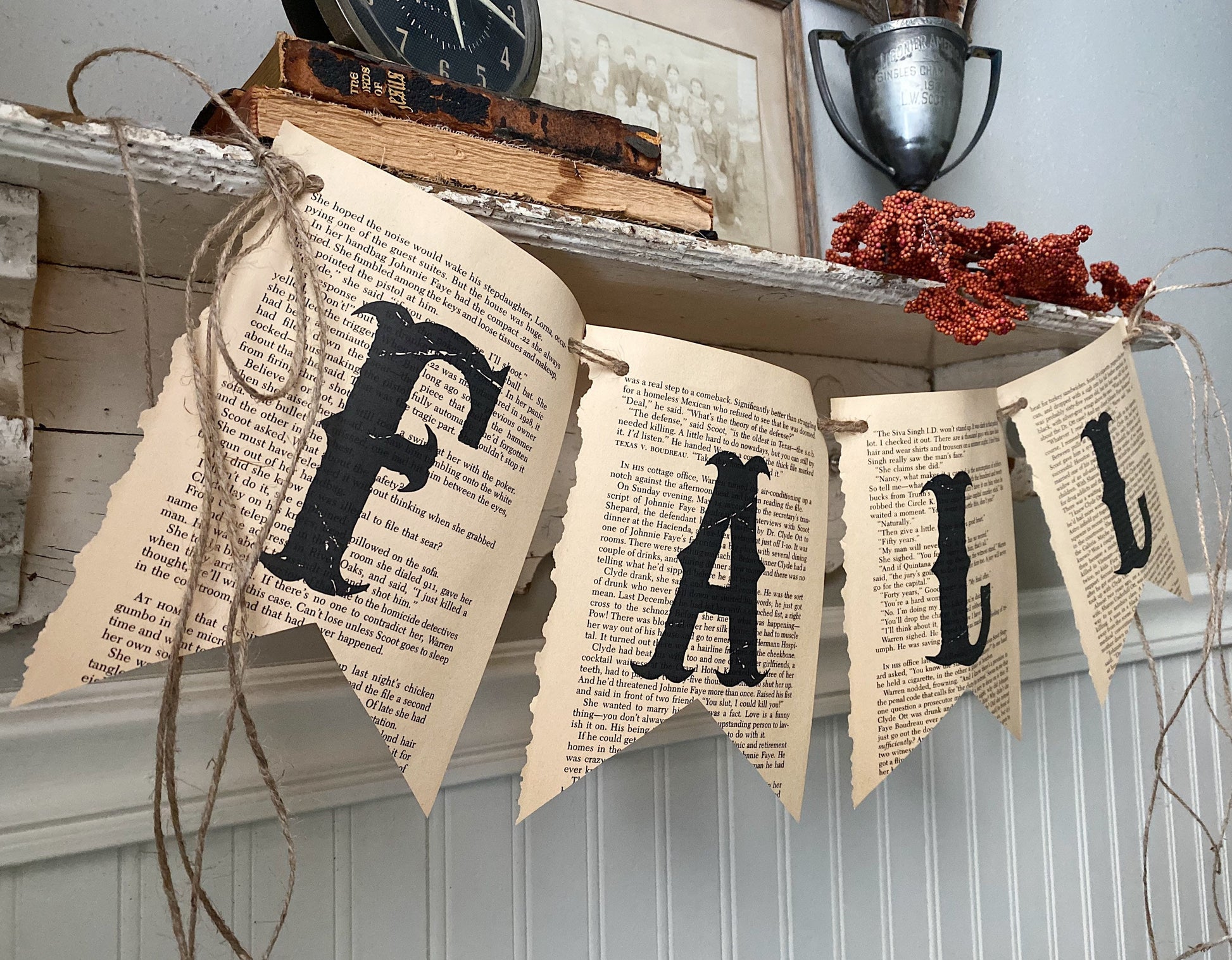 FALL Banner Vintage Book Page BANNER Bunting Pennant Sign Farmhouse Decor Garland Rustic School Book Page Art