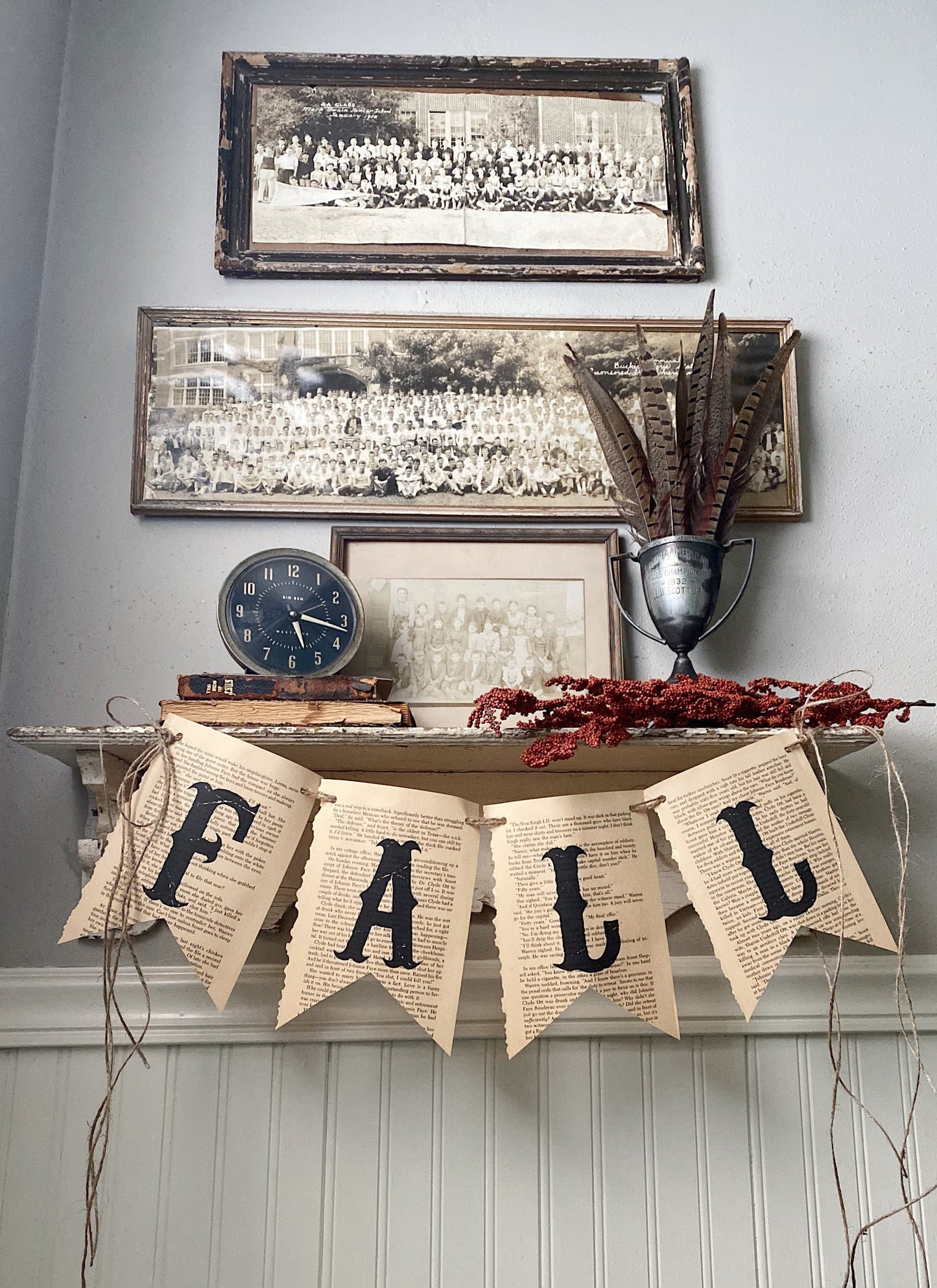FALL Banner Vintage Book Page BANNER Bunting Pennant Sign Farmhouse Decor Garland Rustic School Book Page Art
