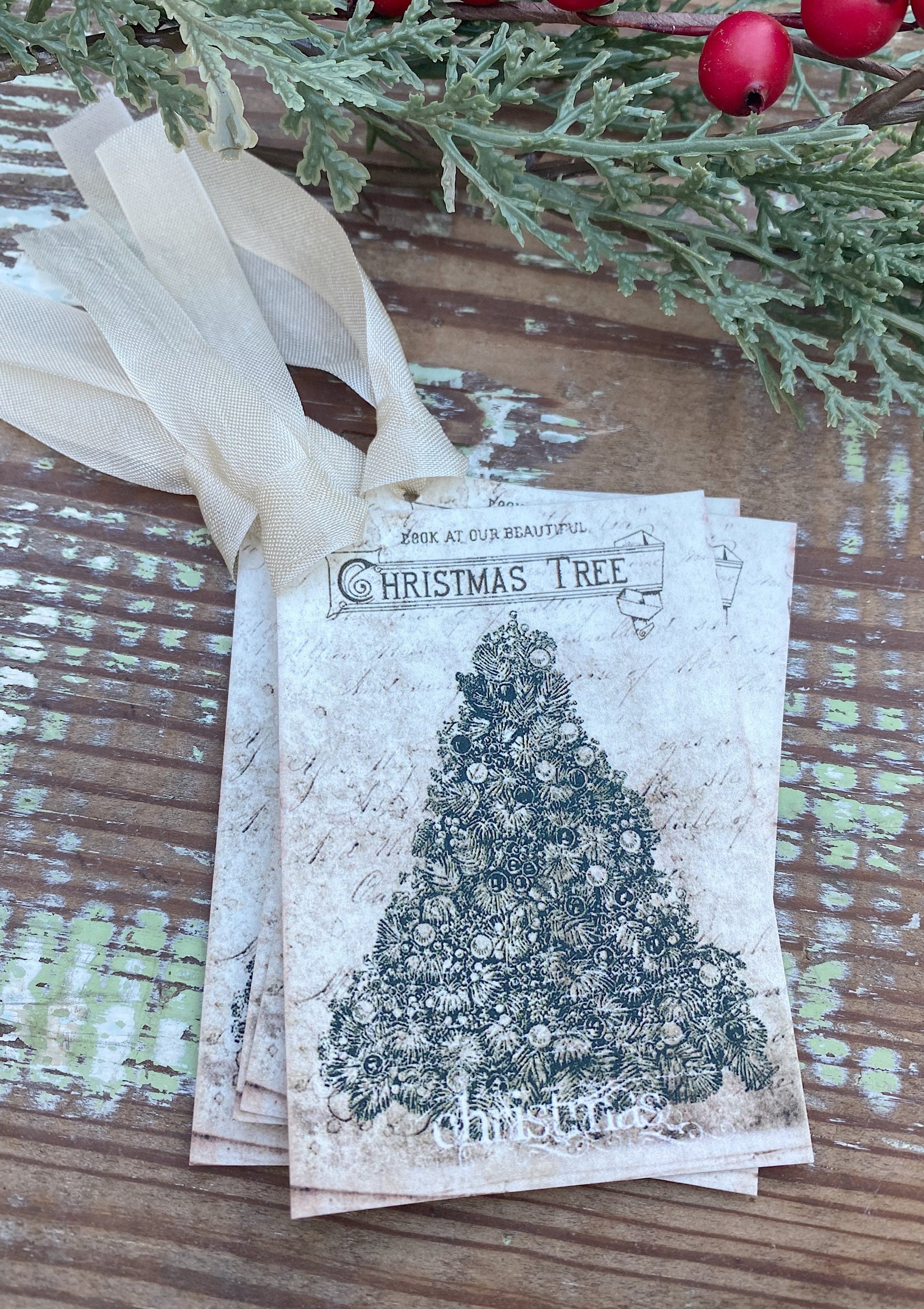 Christmas Vintage Gift Tags CHRISTMAS TREE GREEN Farmhouse Christmas Decor Card French Shabby Gift Wrap