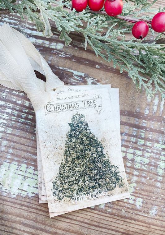 Christmas Vintage Gift Tags CHRISTMAS TREE GREEN Farmhouse Christmas Decor Card French Shabby Gift Wrap