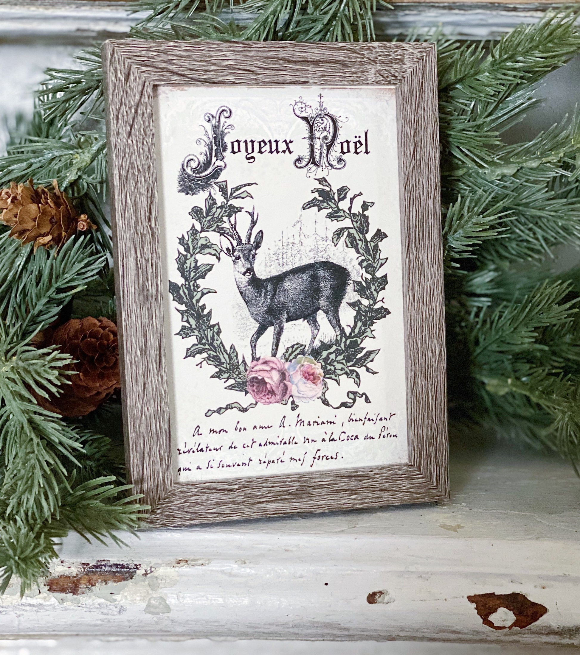 Vintage Christmas JOYEUX NOEL DEER Frame Farmhouse Christmas Decor Barn Wood Rustic Primitive Christmas Sign Laurel Wreath Pink Roses