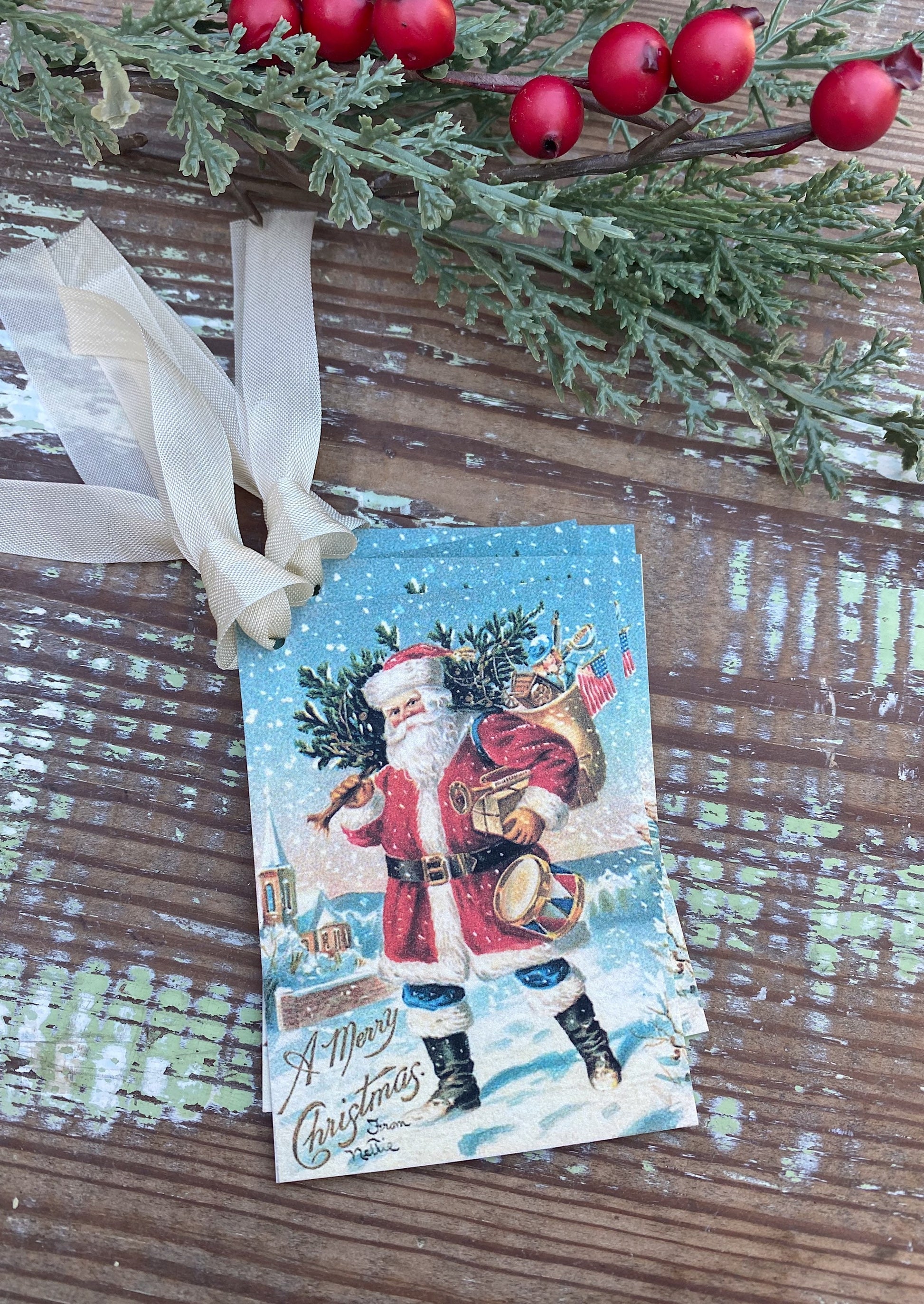 Christmas Vintage Gift Tags SANTA Farmhouse Christmas Decor Card French Shabby Gift Wrap