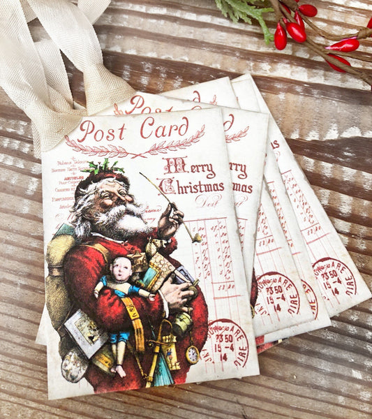 SANTA Christmas Gift Tags SANTA CLAUS with Toys Post Card Vintage Christmas Card Farmhouse Christmas Decor French Shabby Chic Gift Wrap