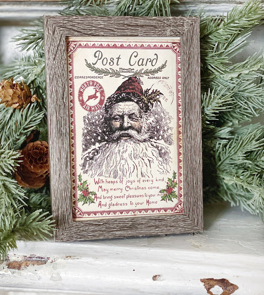 Vintage Christmas SANTA Post Card Frame Farmhouse Christmas Decor Barn Wood Rustic Primitive Christmas Sign