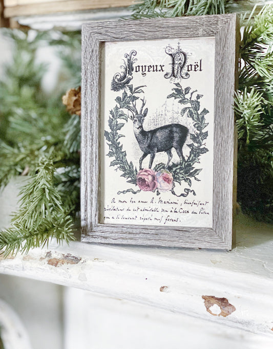 Vintage Christmas JOYEUX NOEL DEER Frame Farmhouse Christmas Decor Barn Wood Rustic Primitive Christmas Sign Laurel Wreath Pink Roses