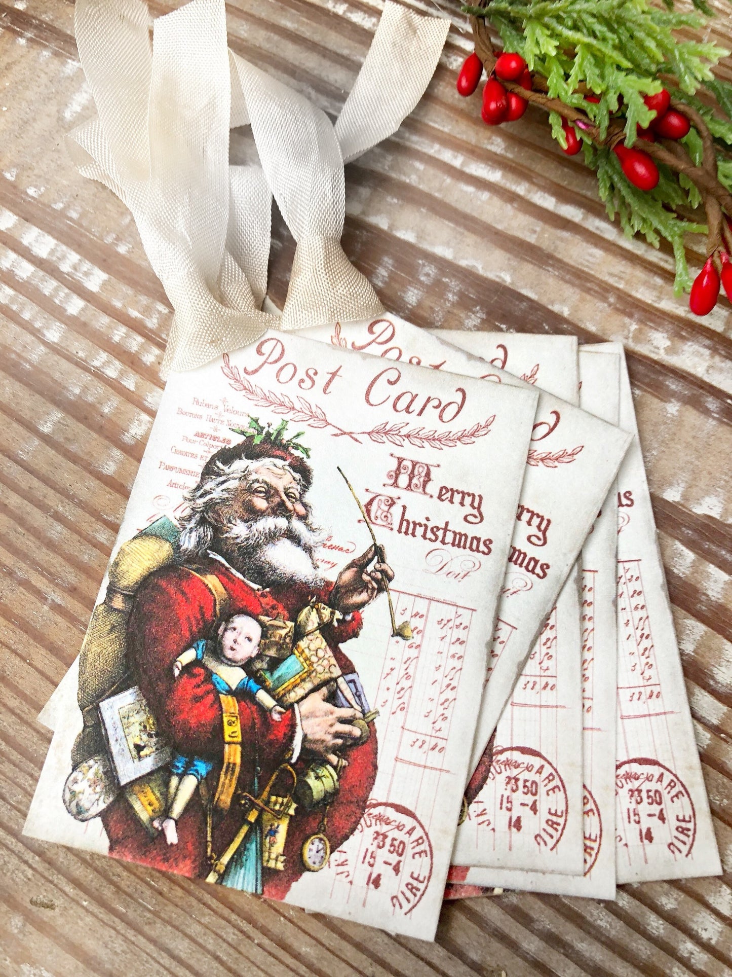 SANTA Christmas Gift Tags SANTA CLAUS with Toys Post Card Vintage Christmas Card Farmhouse Christmas Decor French Shabby Chic Gift Wrap