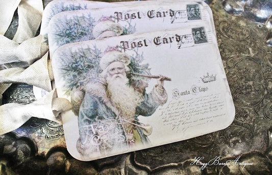 Christmas Vintage Gift Tags SANTA with TREE Post Card Farmhouse Decor Card French Shabby Chic Gift Wrap Primitive Christmas