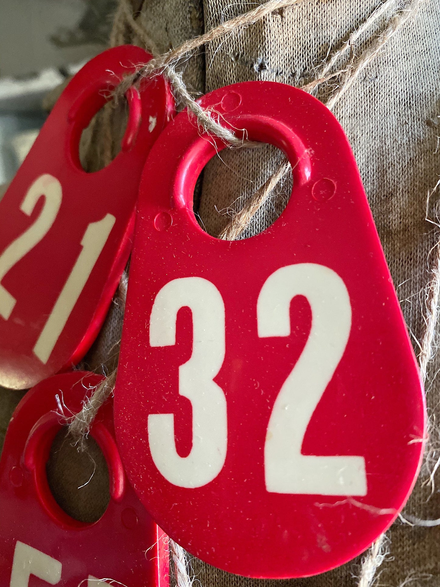 Vintage Red Cow Tag Number, Farmhouse Christmas Decor
