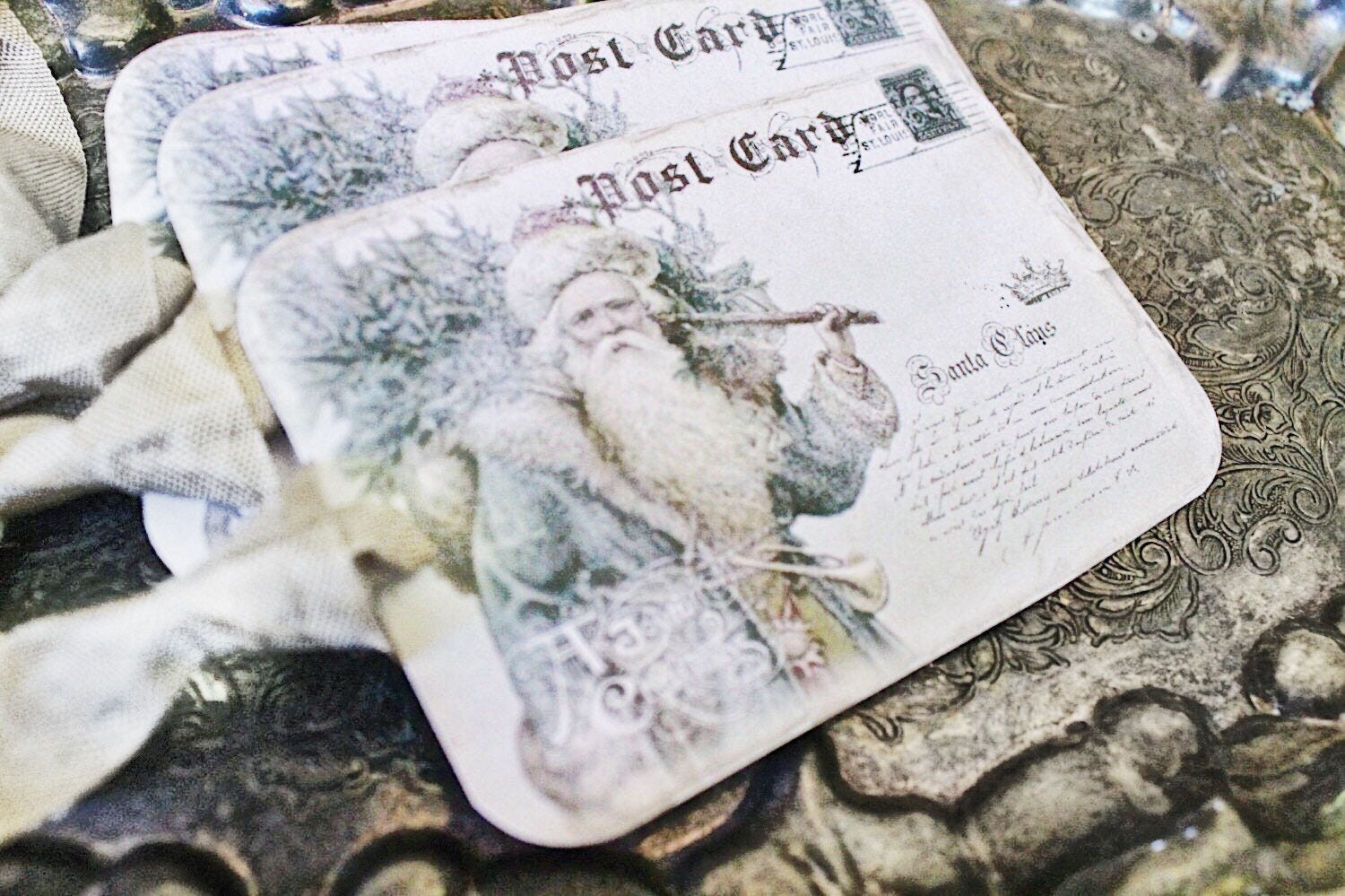 Christmas Vintage Gift Tags SANTA with TREE Post Card Farmhouse Decor Card French Shabby Chic Gift Wrap Primitive Christmas