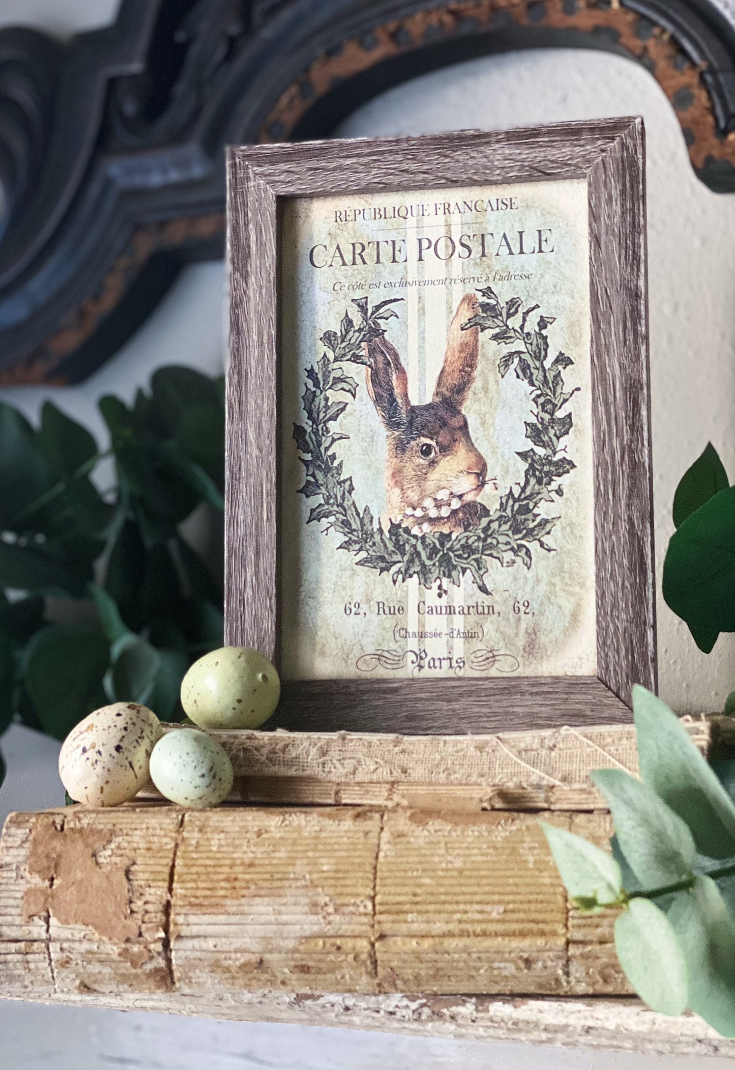 EASTER RABBIT BUNNY Framed Sign Grain Sack Farmhouse Decor Barn Wood Rustic Laurel Wreath
