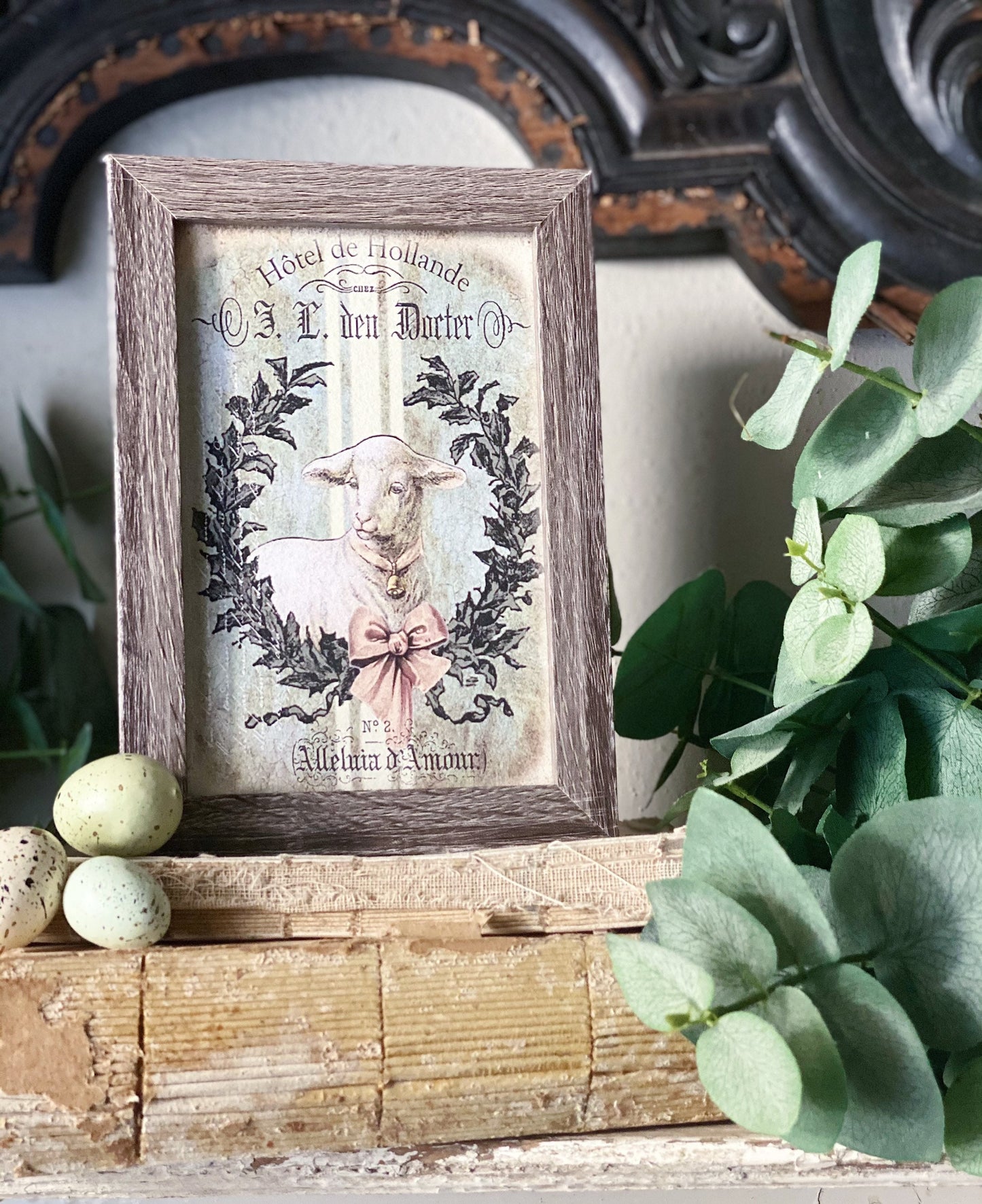 EASTER LAMB Framed Sign Vintage Grain Sack Farmhouse Decor Barn Wood Rustic Laurel Wreath Sheep