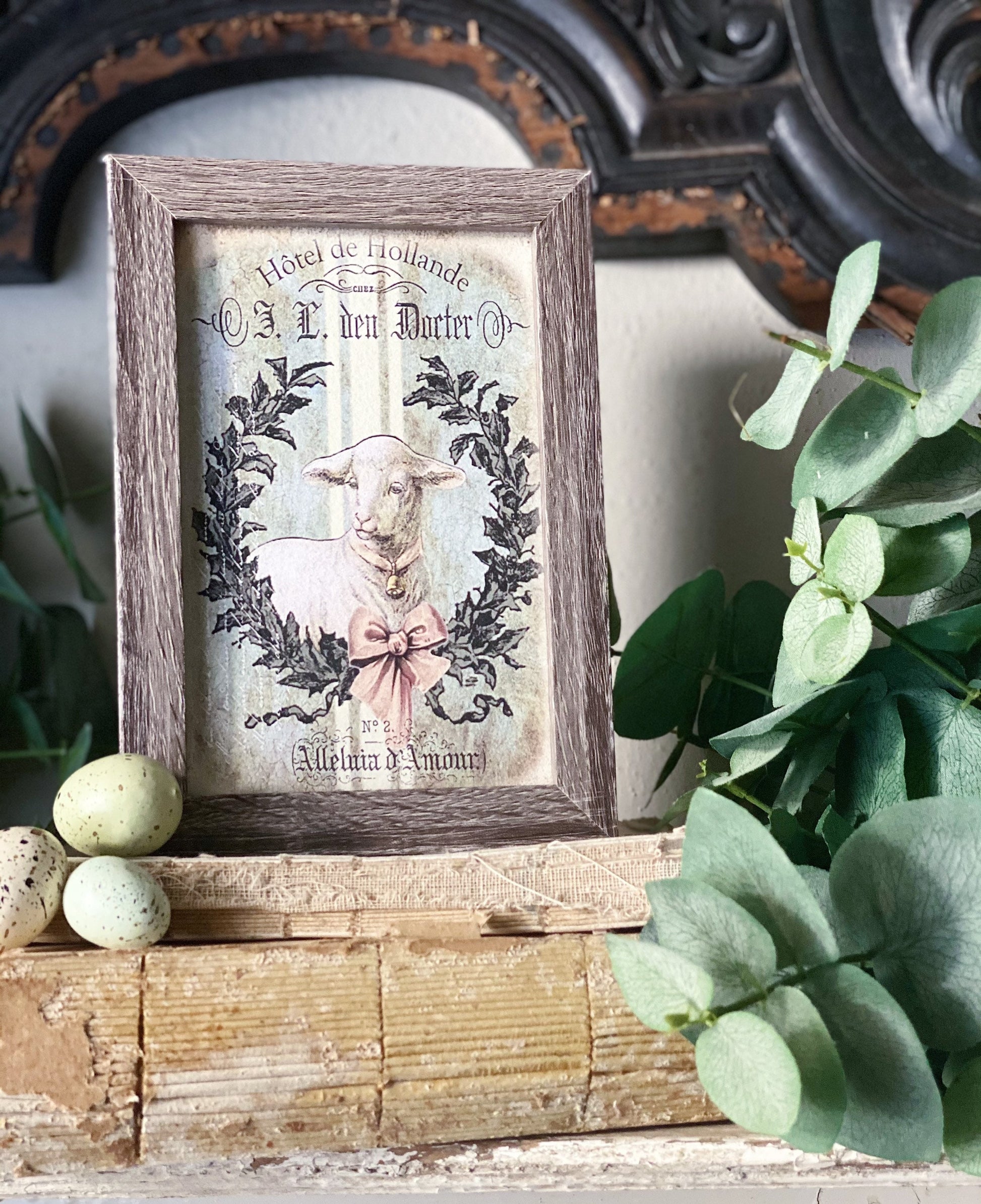 EASTER LAMB Framed Sign Vintage Grain Sack Farmhouse Decor Barn Wood Rustic Laurel Wreath Sheep