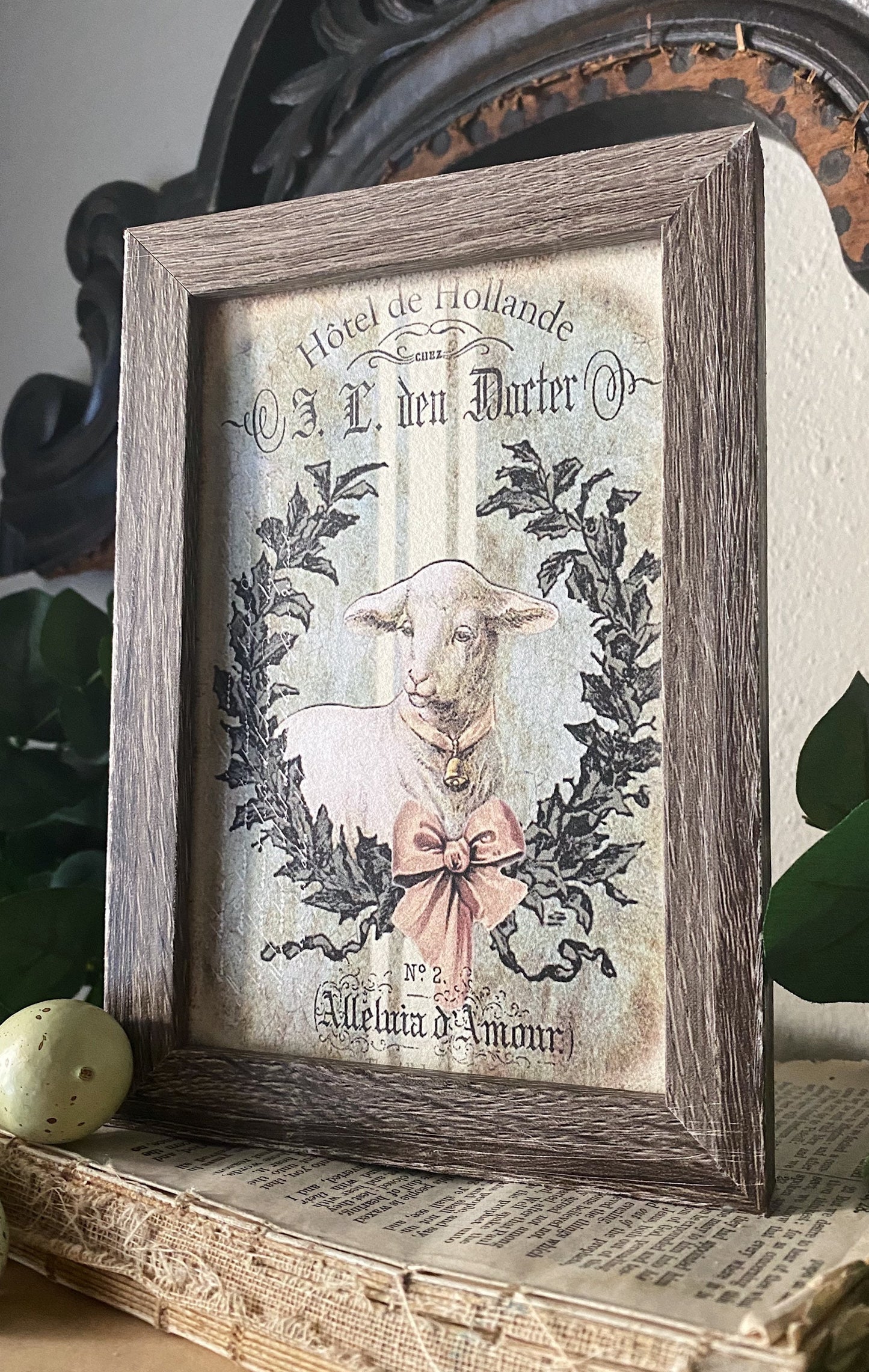 EASTER LAMB Framed Sign Vintage Grain Sack Farmhouse Decor Barn Wood Rustic Laurel Wreath Sheep