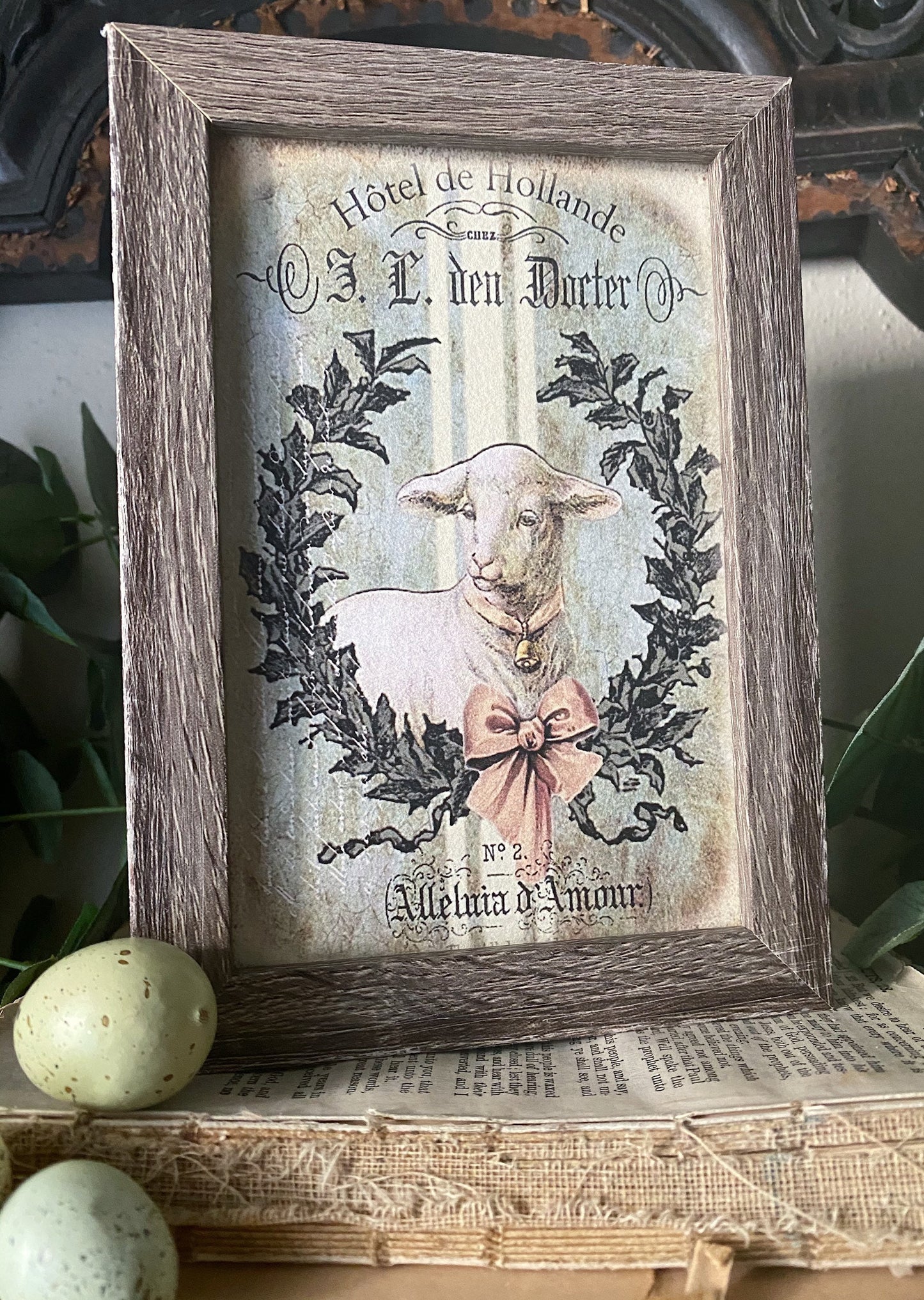 EASTER LAMB Framed Sign Vintage Grain Sack Farmhouse Decor Barn Wood Rustic Laurel Wreath Sheep