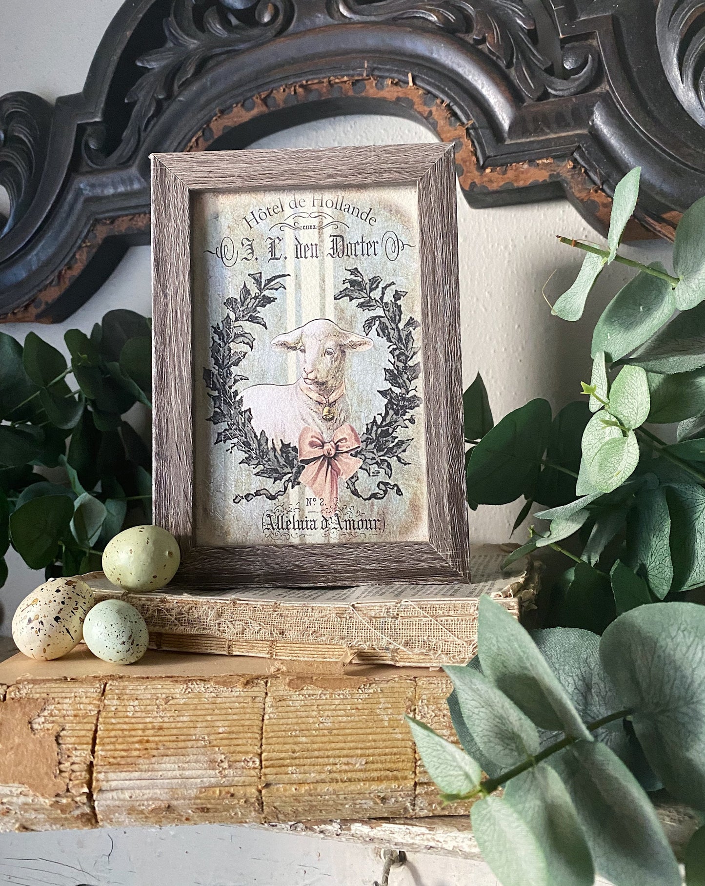 EASTER LAMB Framed Sign Vintage Grain Sack Farmhouse Decor Barn Wood Rustic Laurel Wreath Sheep