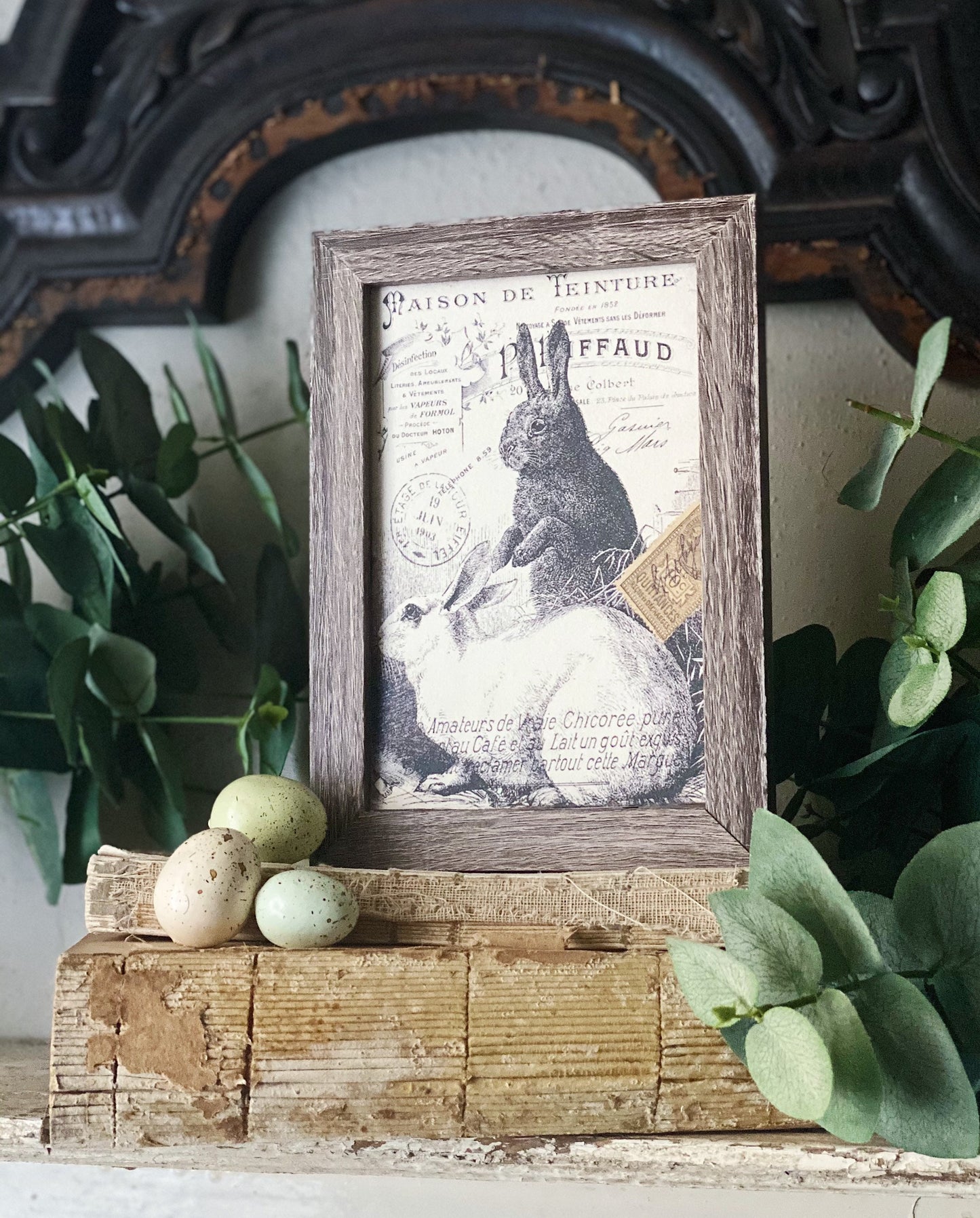 EASTER RABBITS BUNNY Framed Sign Post Card French Farmhouse Decor Barn Wood