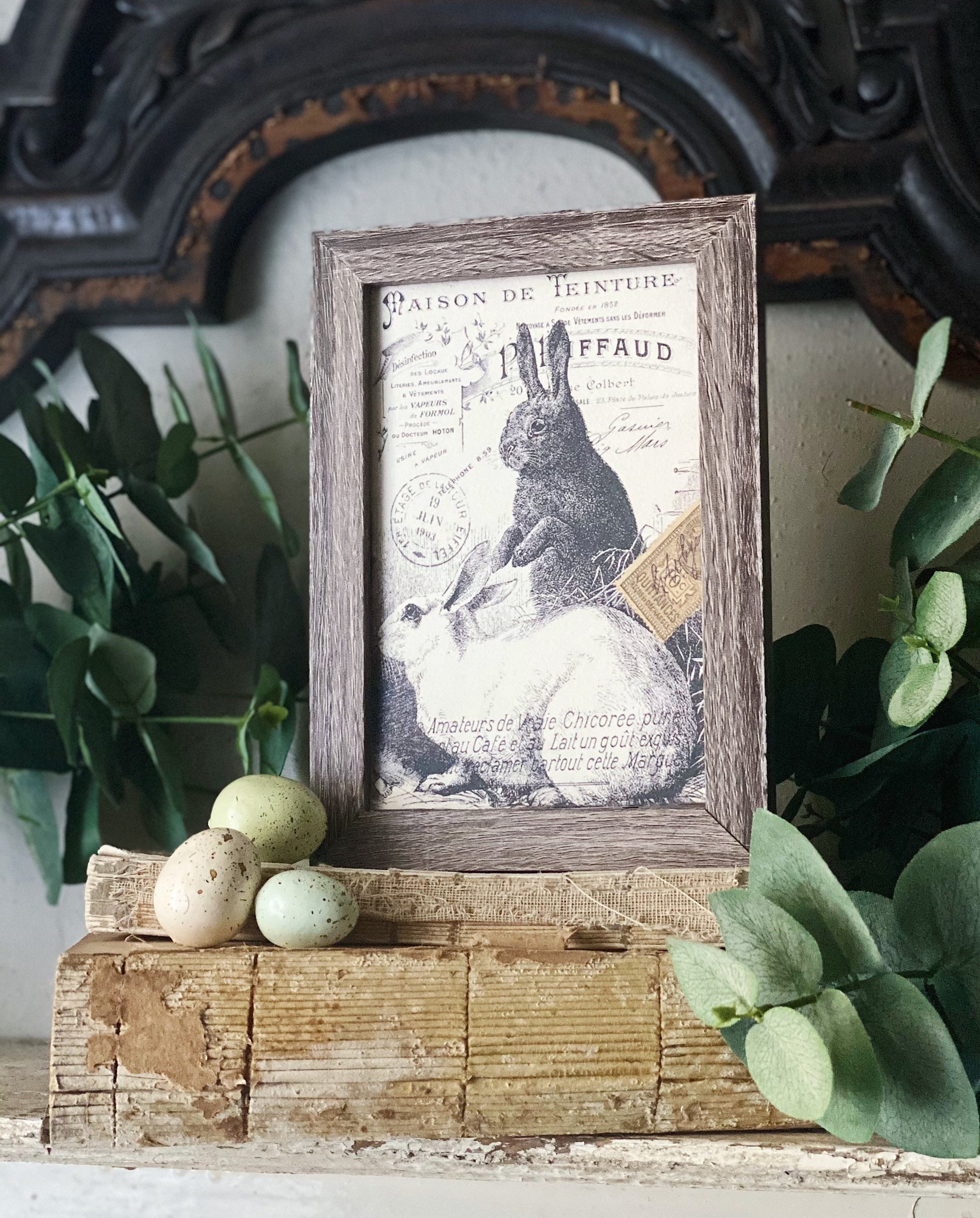 EASTER RABBITS BUNNY Framed Sign Post Card French Farmhouse Decor Barn Wood