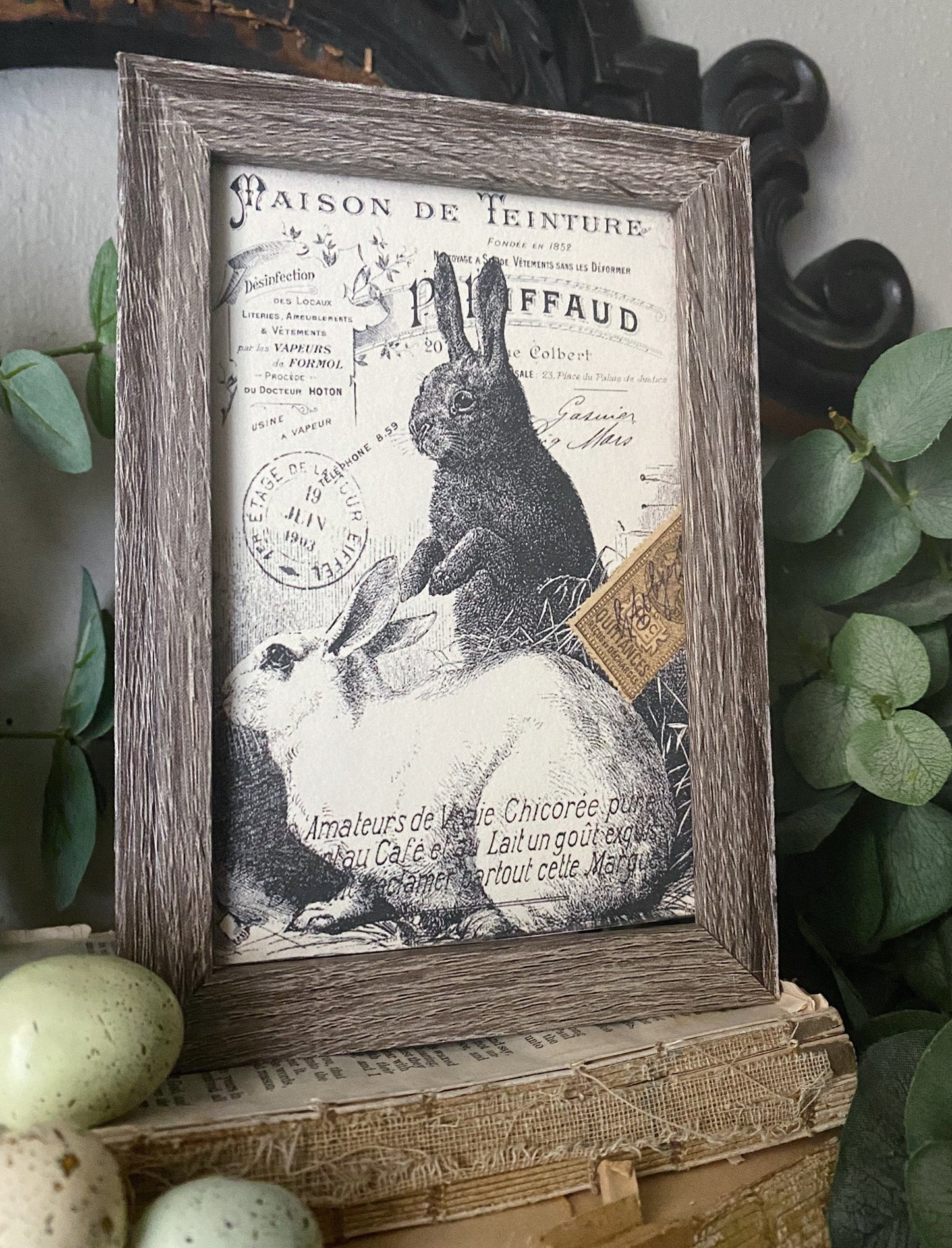 EASTER RABBITS BUNNY Framed Sign Post Card French Farmhouse Decor Barn Wood