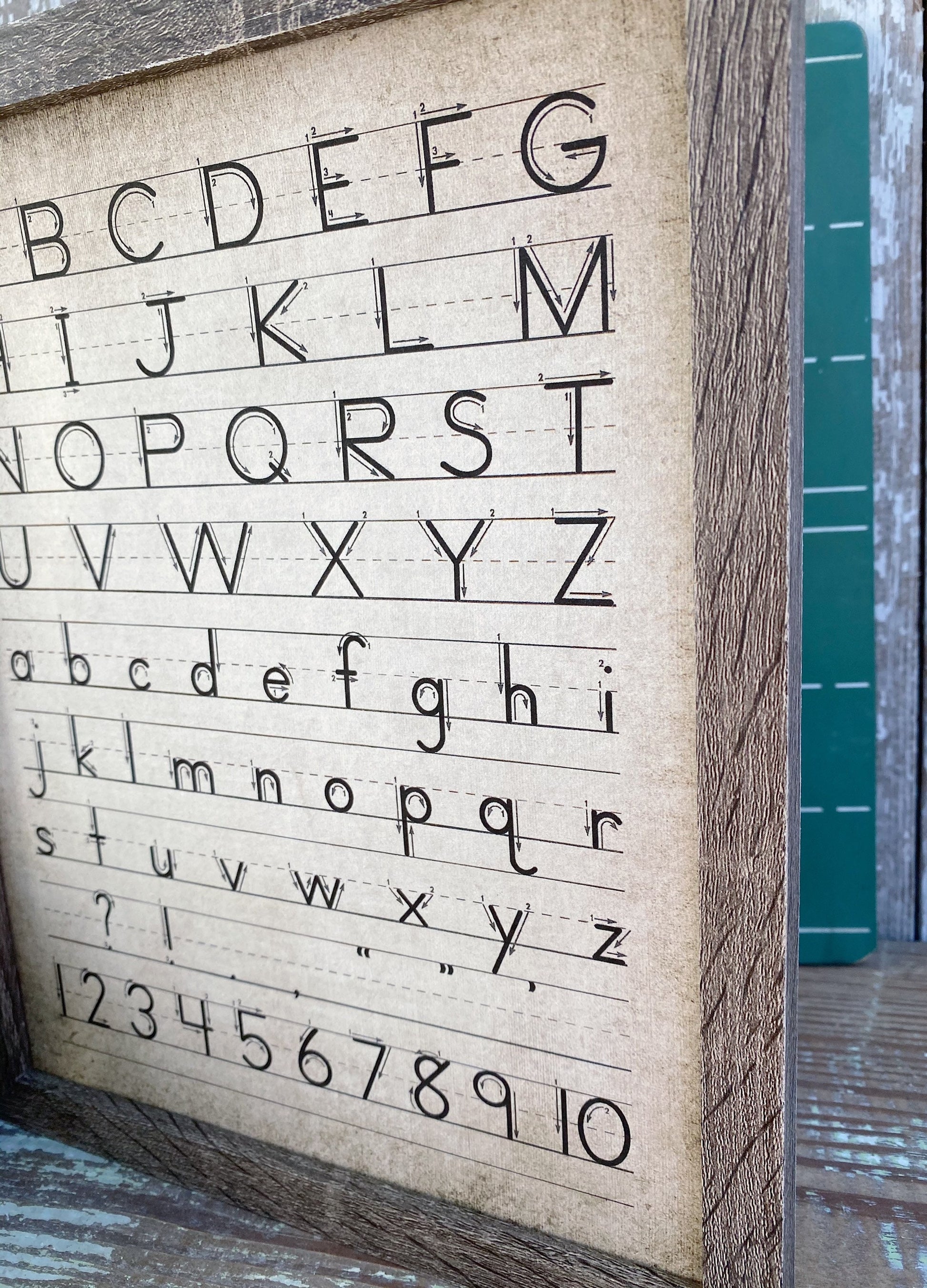Vintage ALPHABET Wood Sign Frame Homeschool Decor Handwriting Mounted Print Farmhouse ABC Book Art Nursery Primitive Number Back To School
