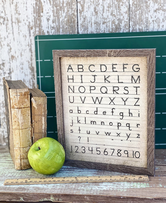 Vintage ALPHABET Wood Sign Frame Homeschool Decor Handwriting Mounted Print Farmhouse ABC Book Art Nursery Primitive Number Back To School