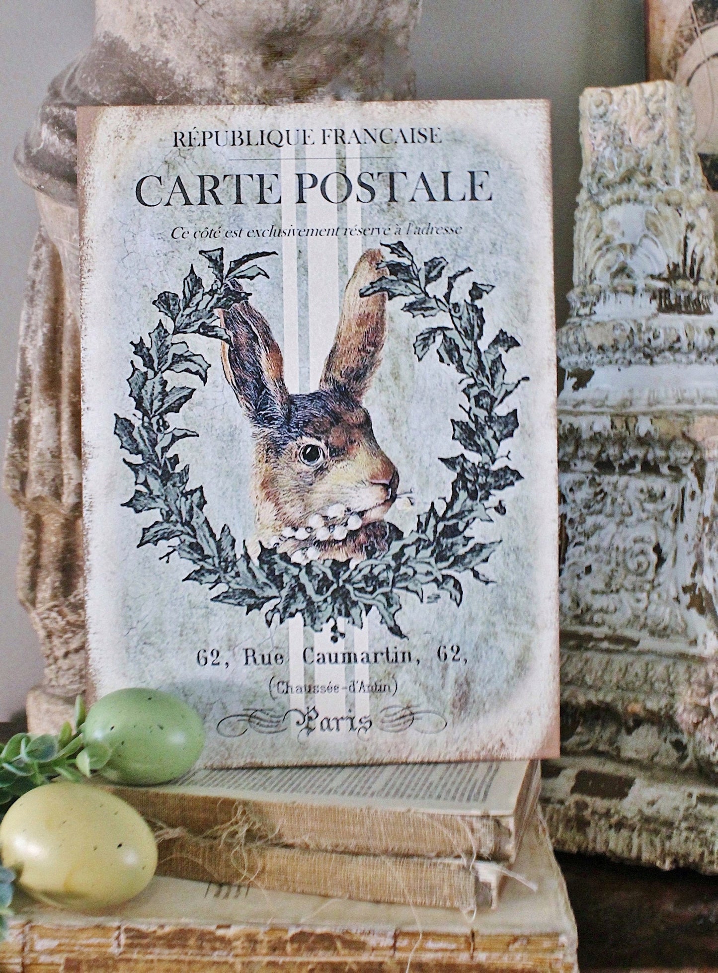 Vintage Easter RABBIT Sign Grain Sack Laurel Wreath Easter Wood Sign French Farmhouse Decor Book Page Wall Art Print Farmhouse DecorLAMB