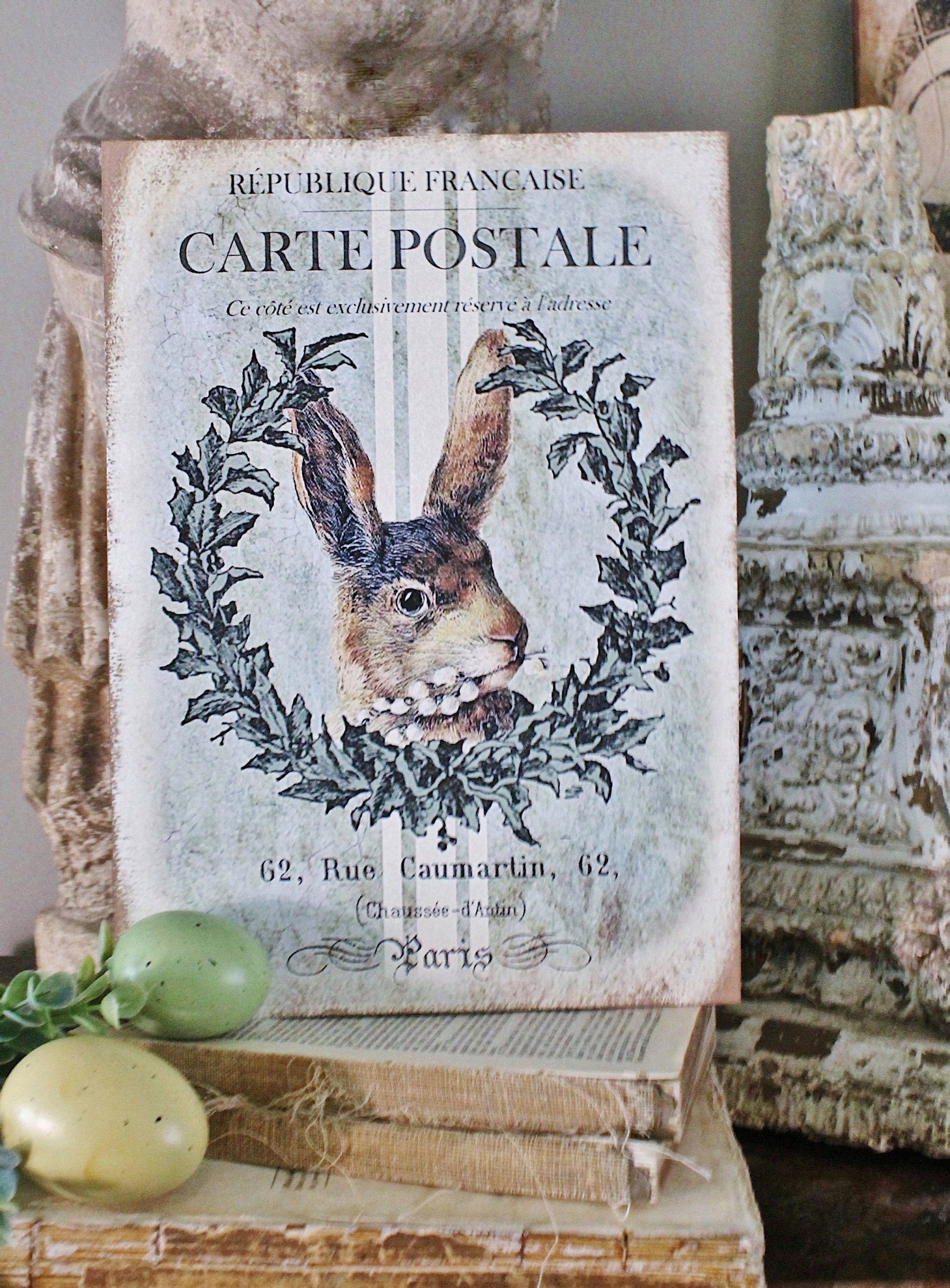 Vintage Easter RABBIT Sign Grain Sack Laurel Wreath Easter Wood Sign French Farmhouse Decor Book Page Wall Art Print Farmhouse DecorLAMB