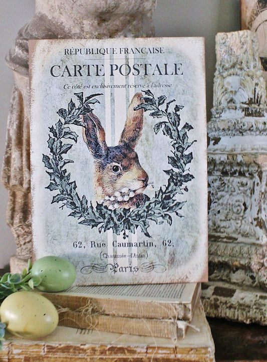 Vintage Easter RABBIT Sign Grain Sack Laurel Wreath Easter Wood Sign French Farmhouse Decor Book Page Wall Art Print Farmhouse DecorLAMB