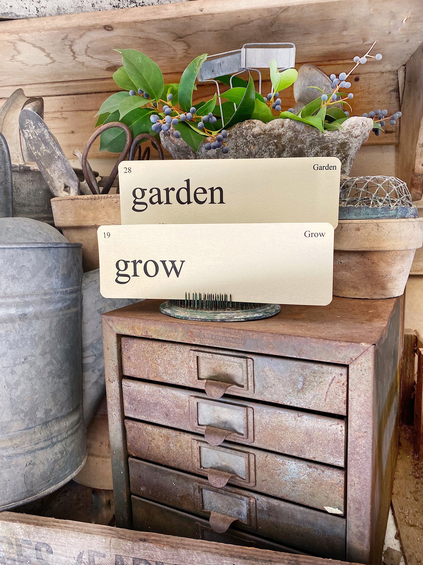 GARDEN Flash Cards LARGE Vintage Inspired Word Flashcard SET Of 8 Farmhouse Decor Spring Bloom Grow Flower Seeds
