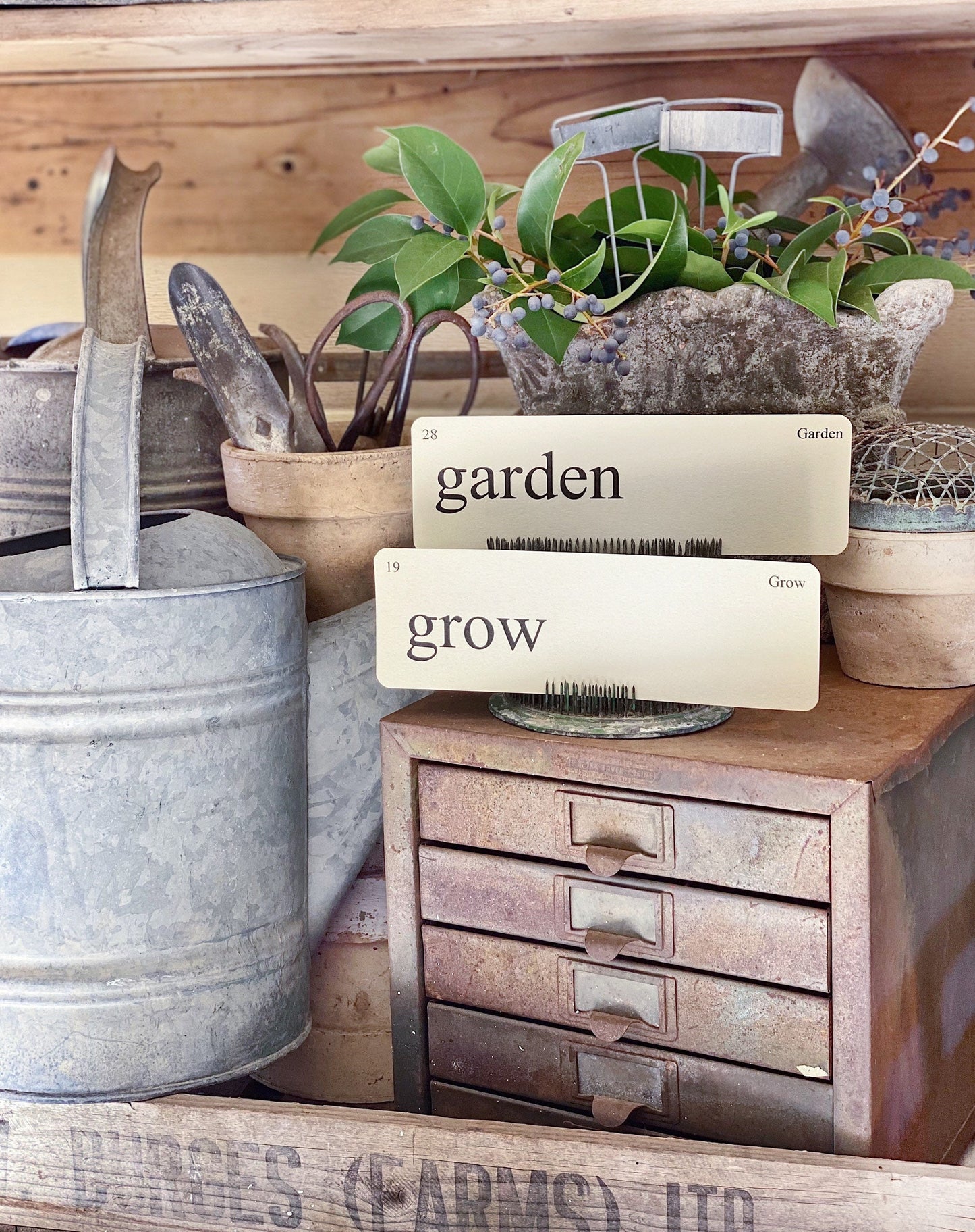 GARDEN Flash Cards LARGE Vintage Inspired Word Flashcard SET Of 8 Farmhouse Decor Spring Bloom Grow Flower Seeds
