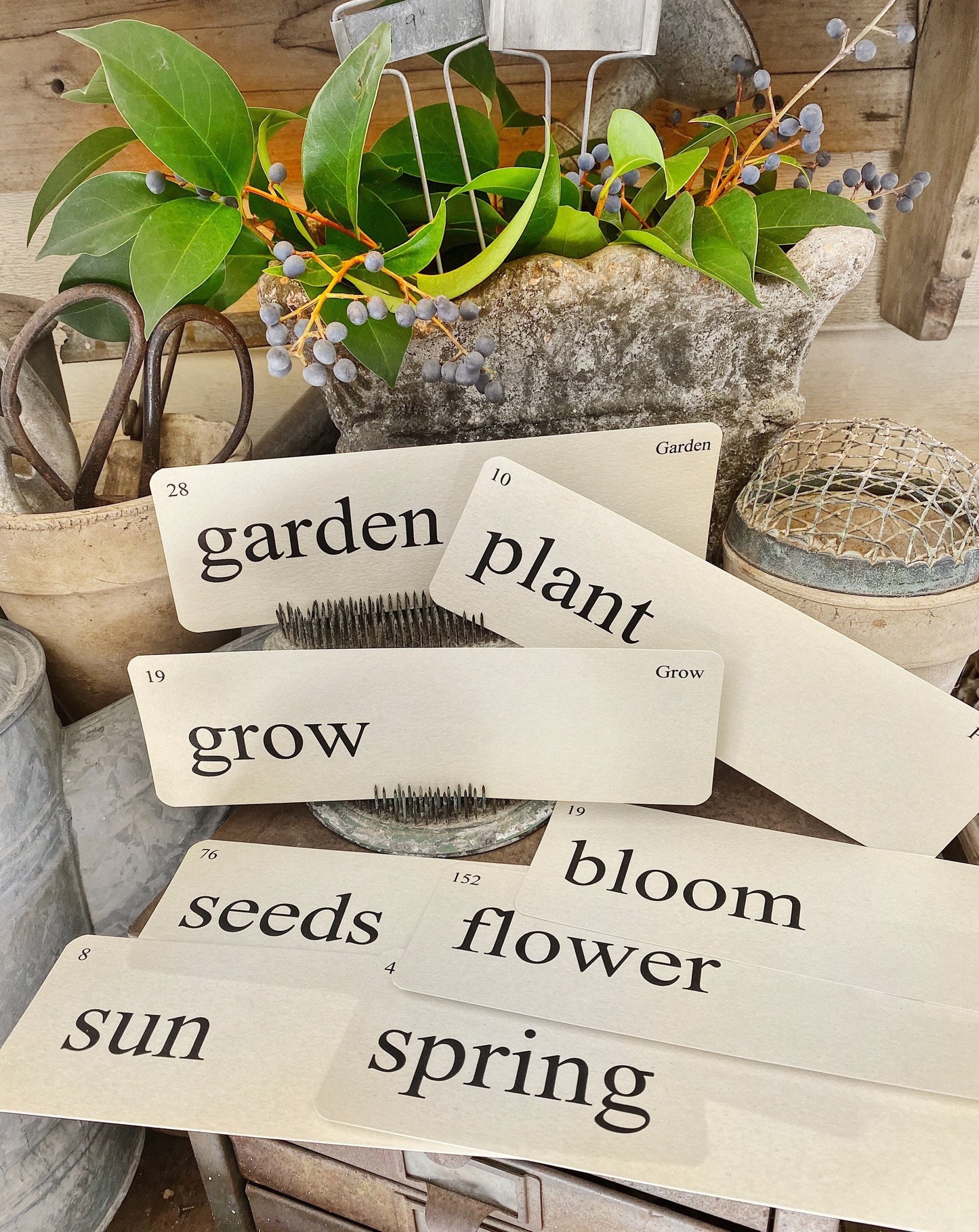 GARDEN Flash Cards LARGE Vintage Inspired Word Flashcard SET Of 8 Farmhouse Decor Spring Bloom Grow Flower Seeds