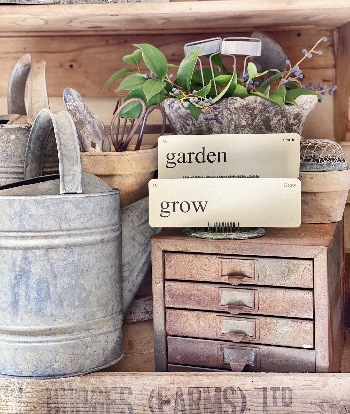 GARDEN Flash Cards LARGE Vintage Inspired Word Flashcard SET Of 8 Farmhouse Decor Spring Bloom Grow Flower Seeds