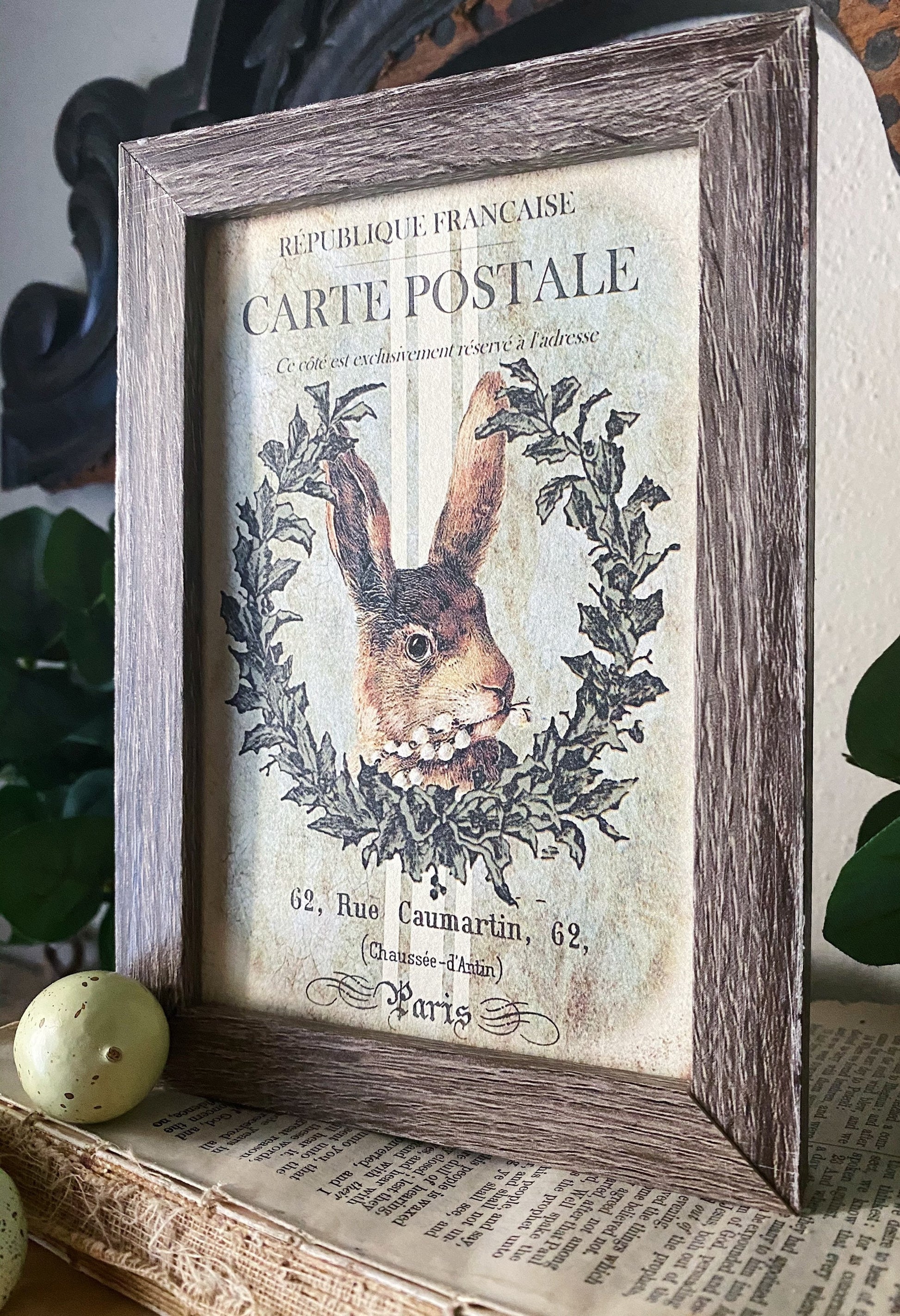 EASTER RABBIT BUNNY Framed Sign Grain Sack Farmhouse Decor Barn Wood Rustic Laurel Wreath