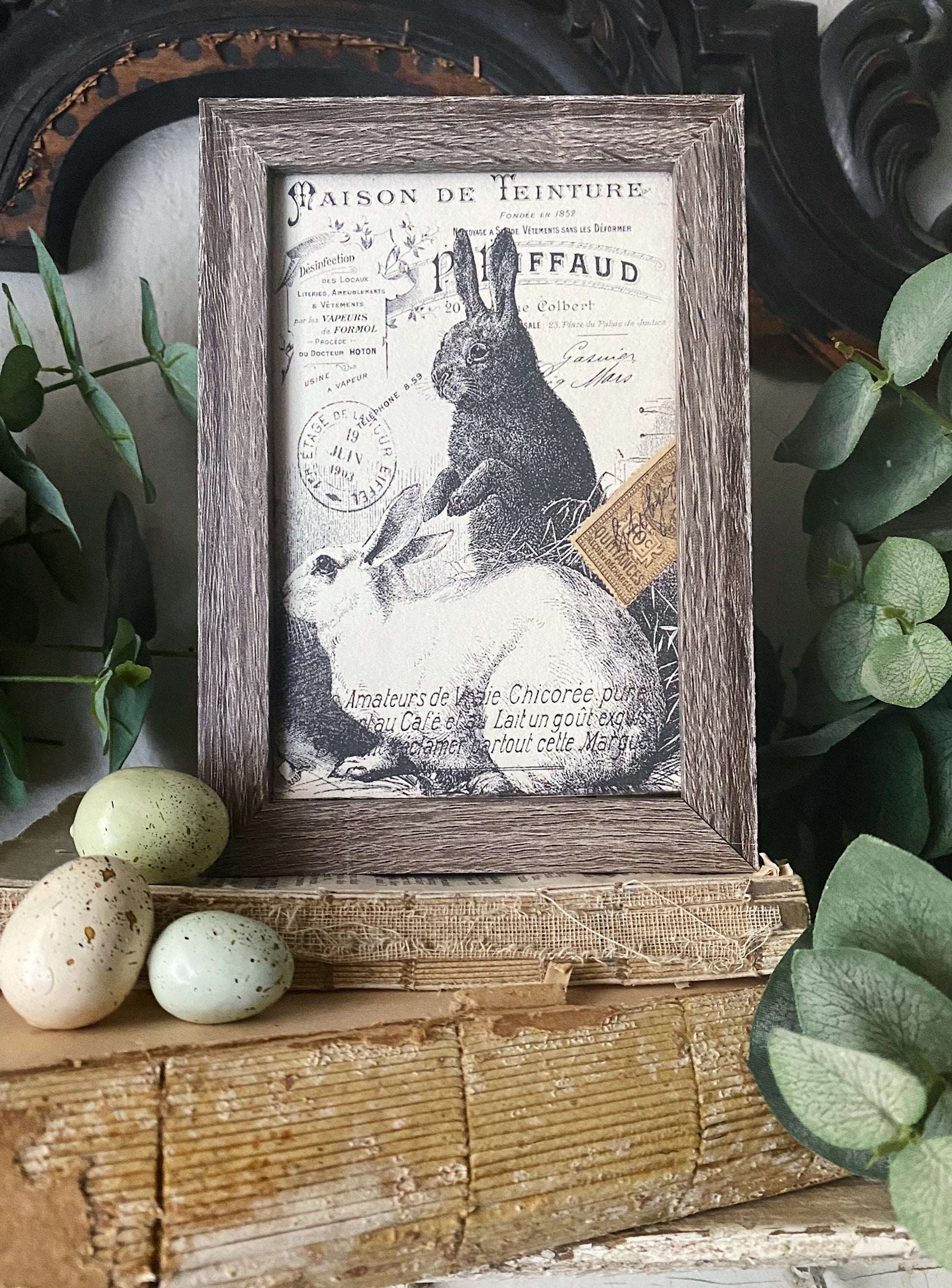 EASTER RABBITS BUNNY Framed Sign Post Card French Farmhouse Decor Barn Wood