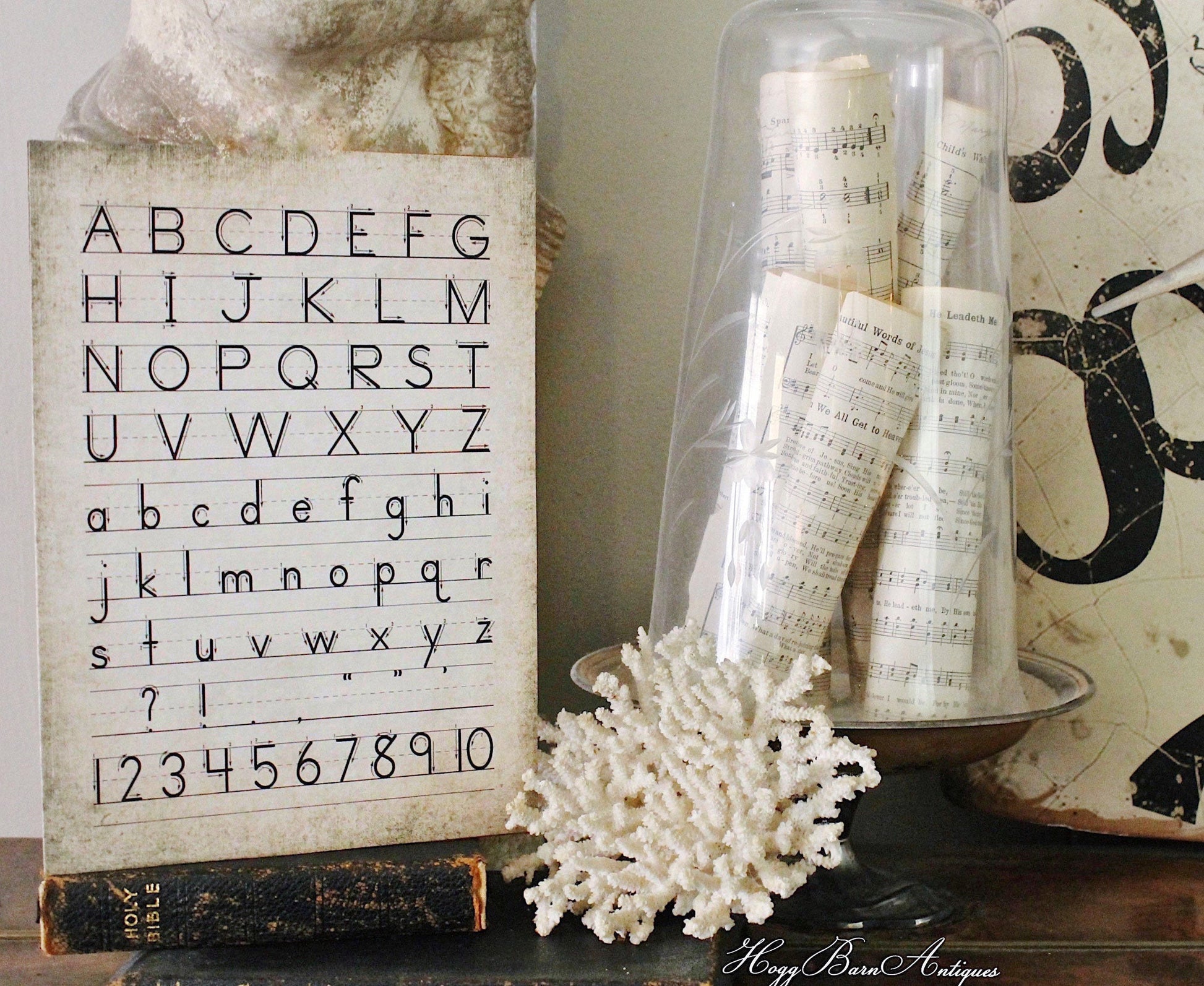Vintage ALPHABET Poster Wood Sign Mounted Print Farmhouse Decor ABC Wall Art Nursery Primitive Handwriting Homeschool Number Back To School