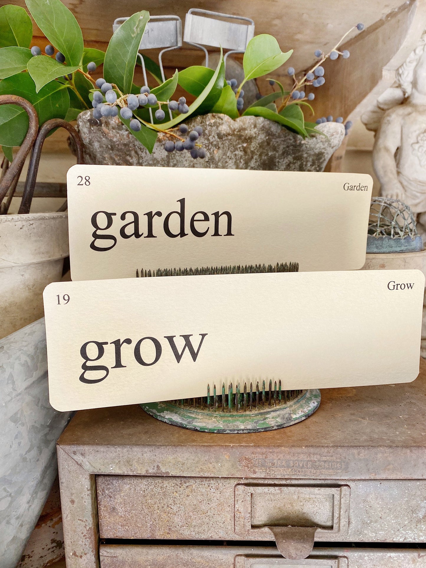 GARDEN Flash Cards LARGE Vintage Inspired Word Flashcard SET Of 8 Farmhouse Decor Spring Bloom Grow Flower Seeds