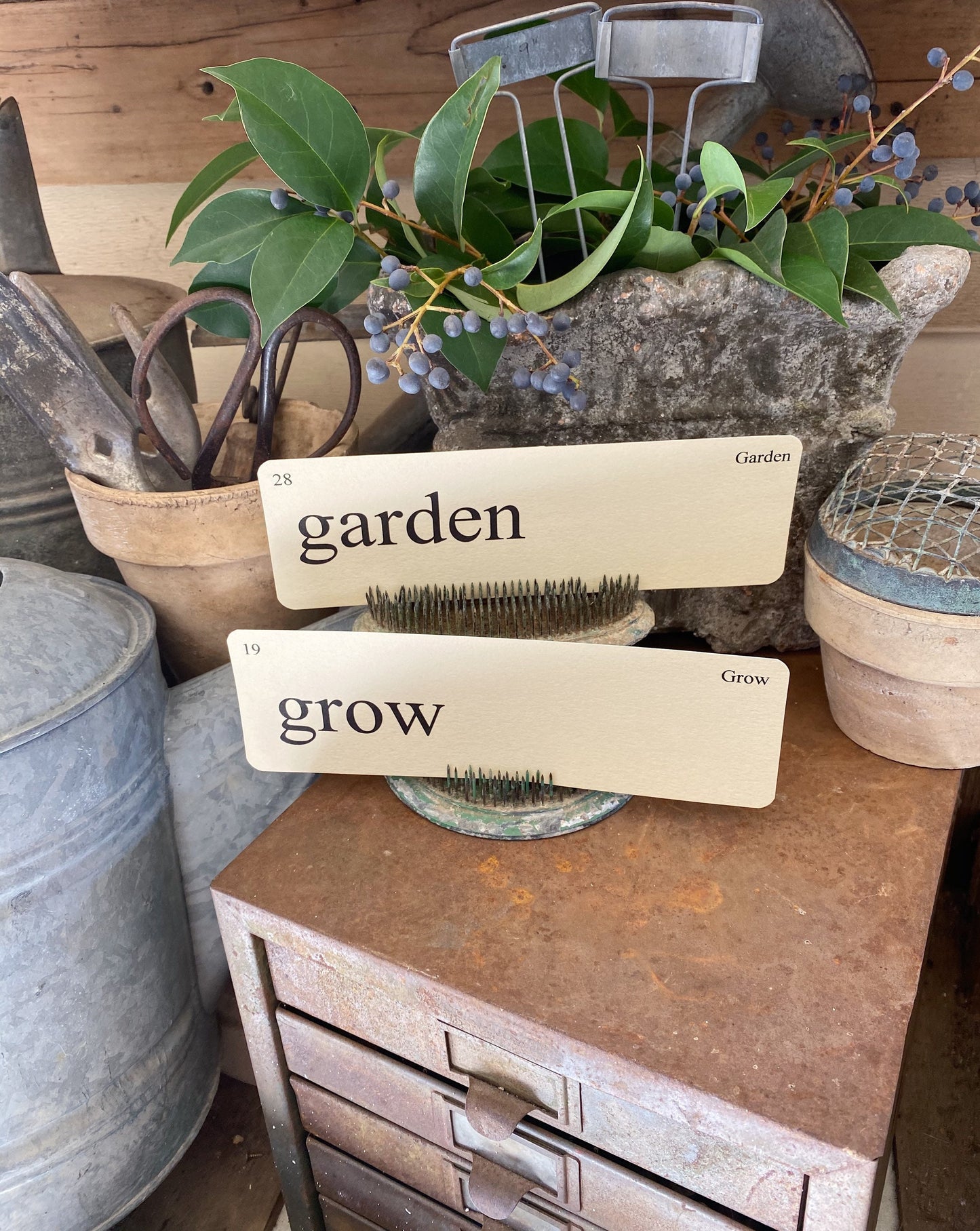 GARDEN Flash Cards LARGE Vintage Inspired Word Flashcard SET Of 8 Farmhouse Decor Spring Bloom Grow Flower Seeds