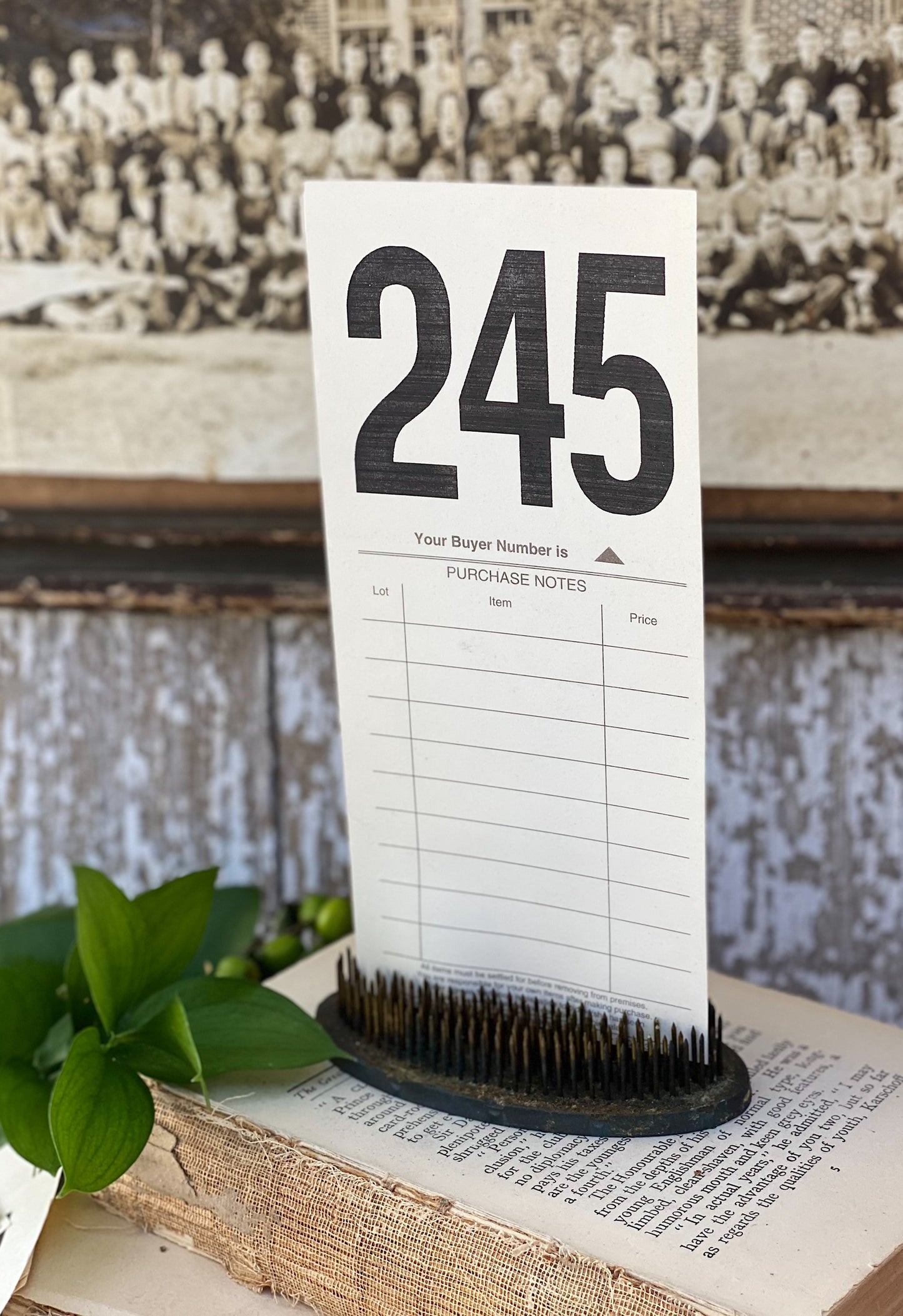 Vintage AUCTION NUMBER Bid Card Ephemera Farmhouse Decor Cardstock Black Number Board Sign #300-399