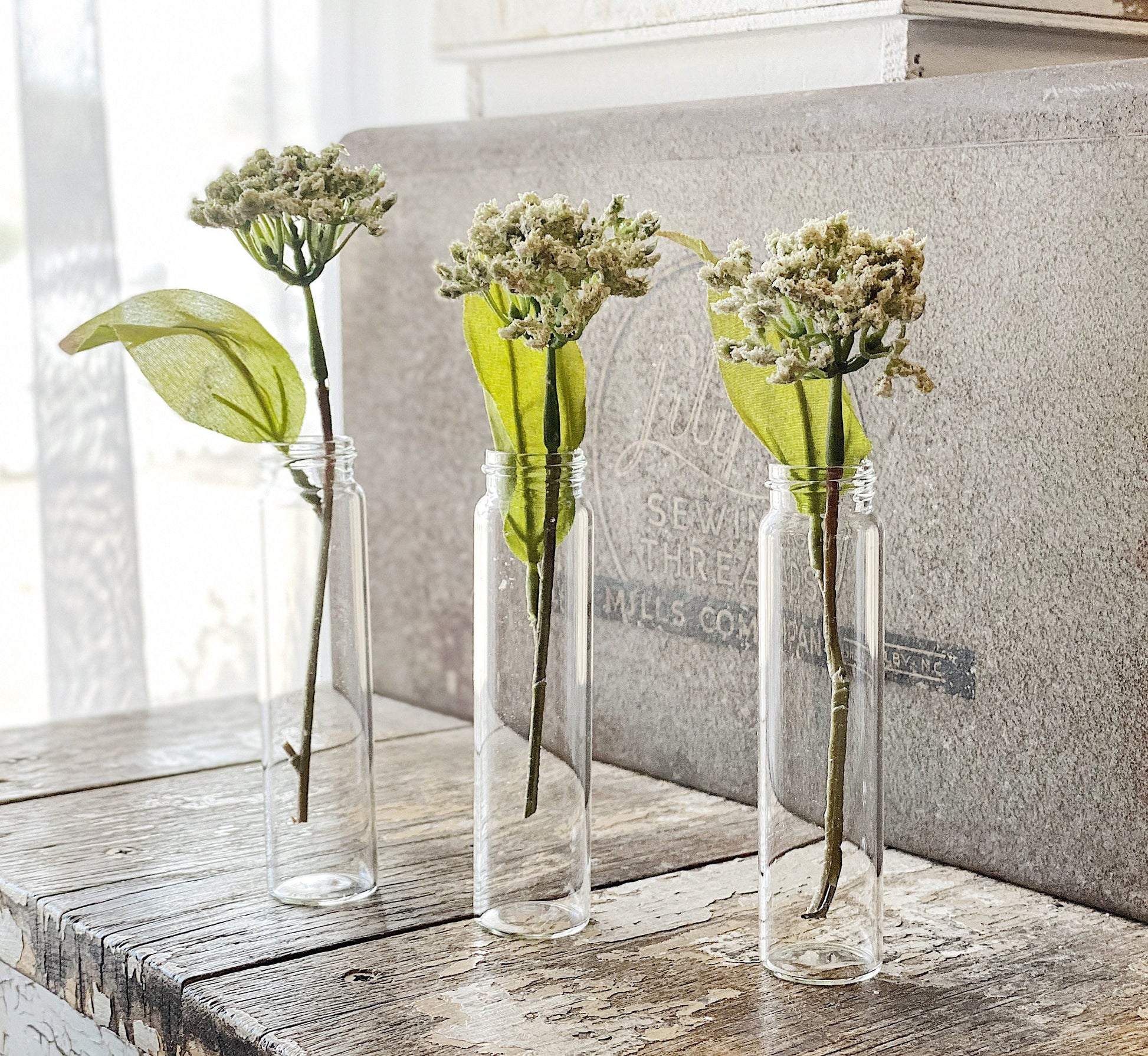Vintage Glass Vial Bottles SET of 3 French Bud Vase Farmhouse Garden Decor Clear Craft Supplies