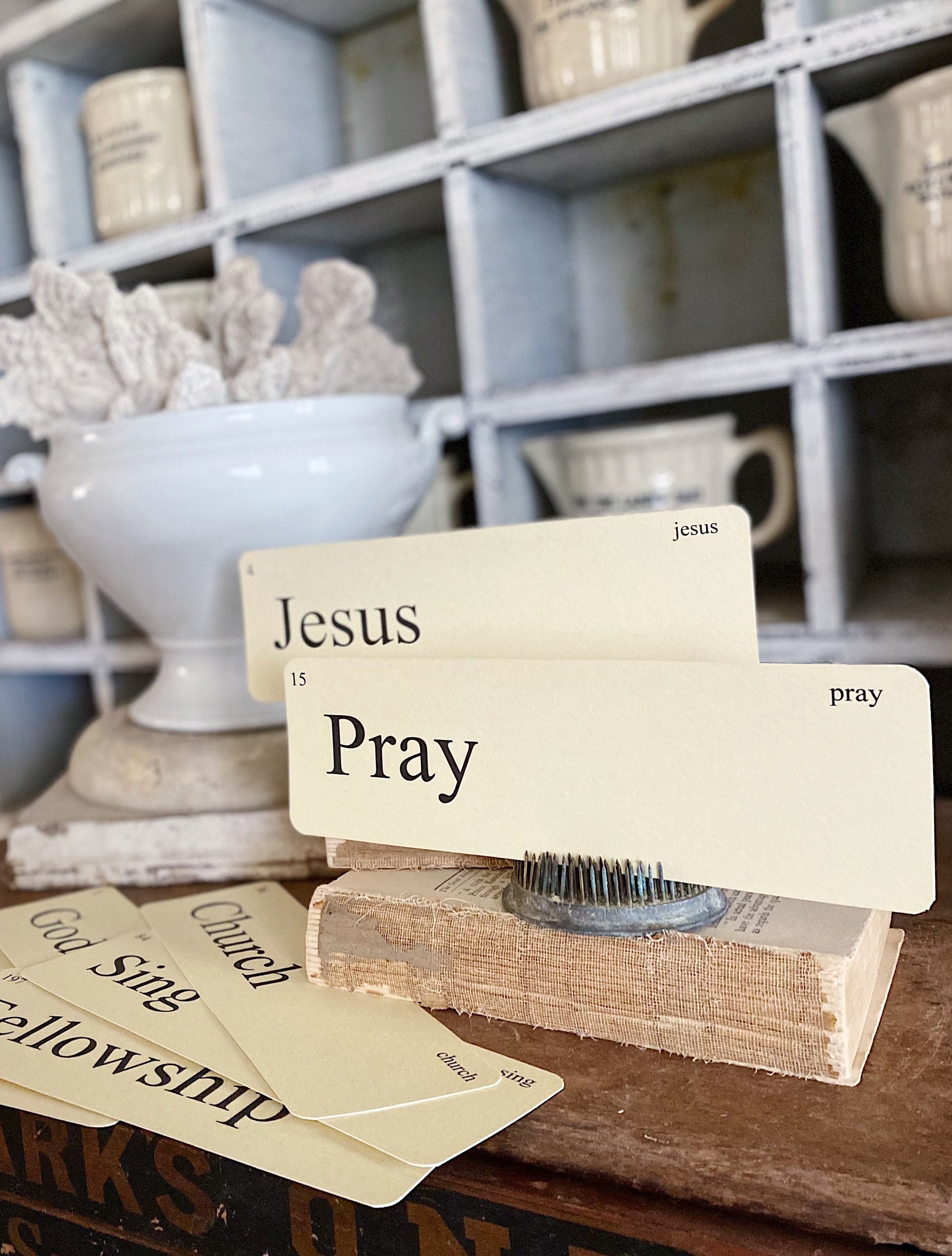 CHURCH Flash Cards LARGE Vintage Inspired Word Flashcard SET Of 8 Farmhouse Decor Inspirational Religious Church Spiritual Jesus Song Banner