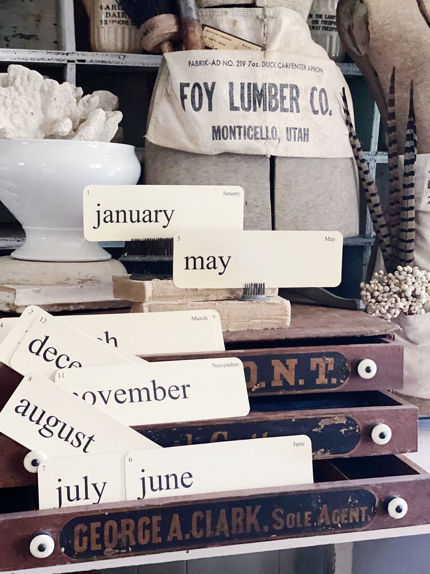 MONTHS Flash Cards LARGE Vintage Inspired Word Flashcard SET of 12 Farmhouse Decor Cottage Party Favor Banner