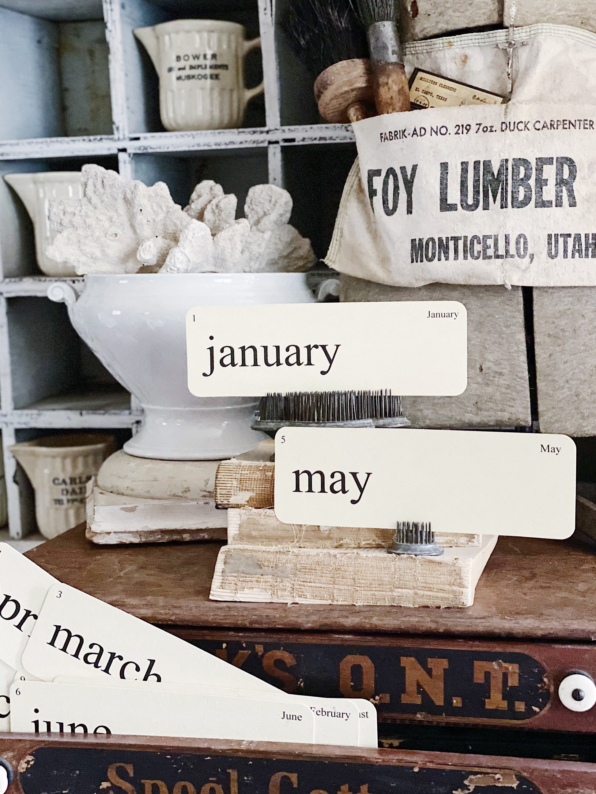 MONTHS Flash Cards LARGE Vintage Inspired Word Flashcard SET of 12 Farmhouse Decor Cottage Party Favor Banner