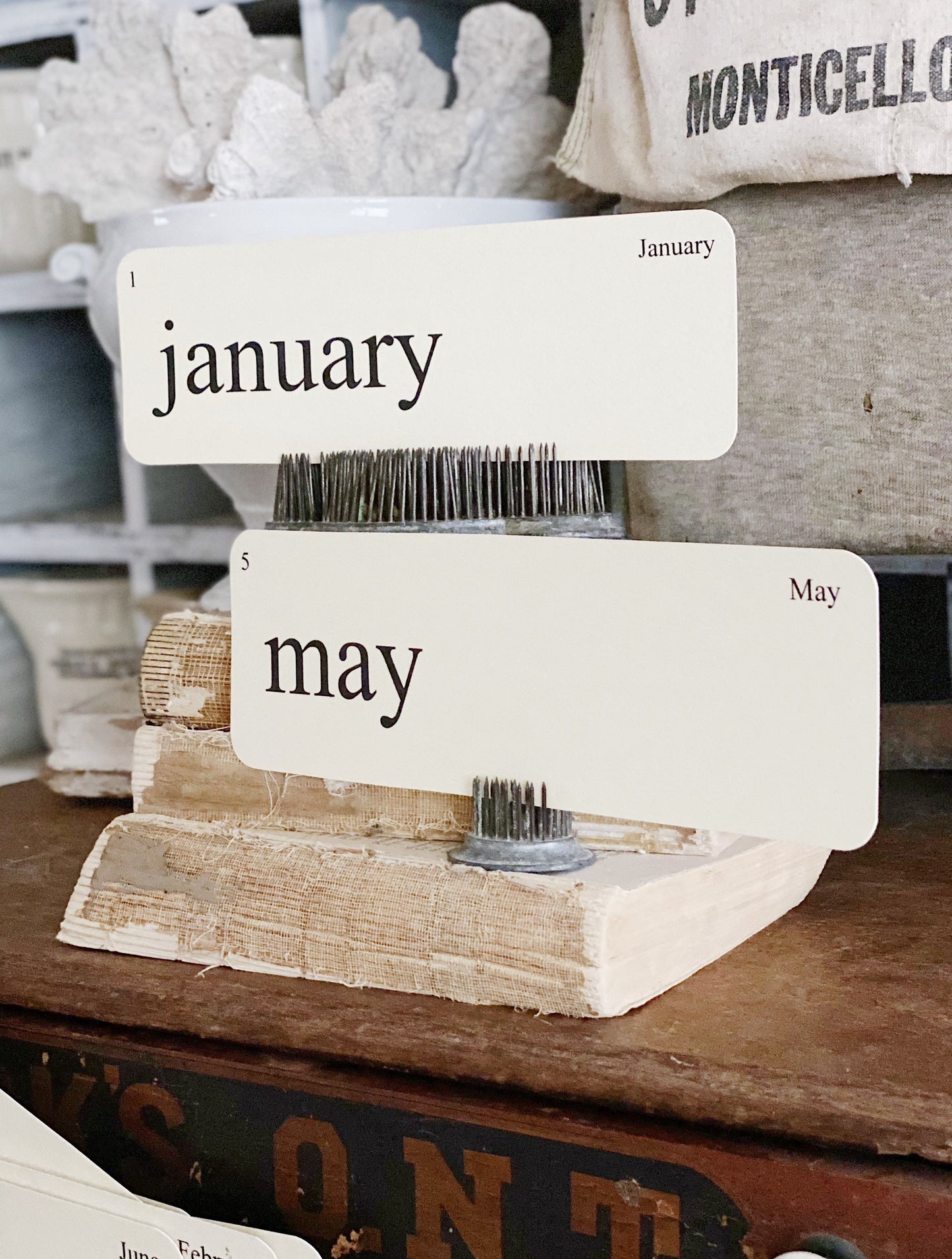 MONTHS Flash Cards LARGE Vintage Inspired Word Flashcard SET of 12 Farmhouse Decor Cottage Party Favor Banner