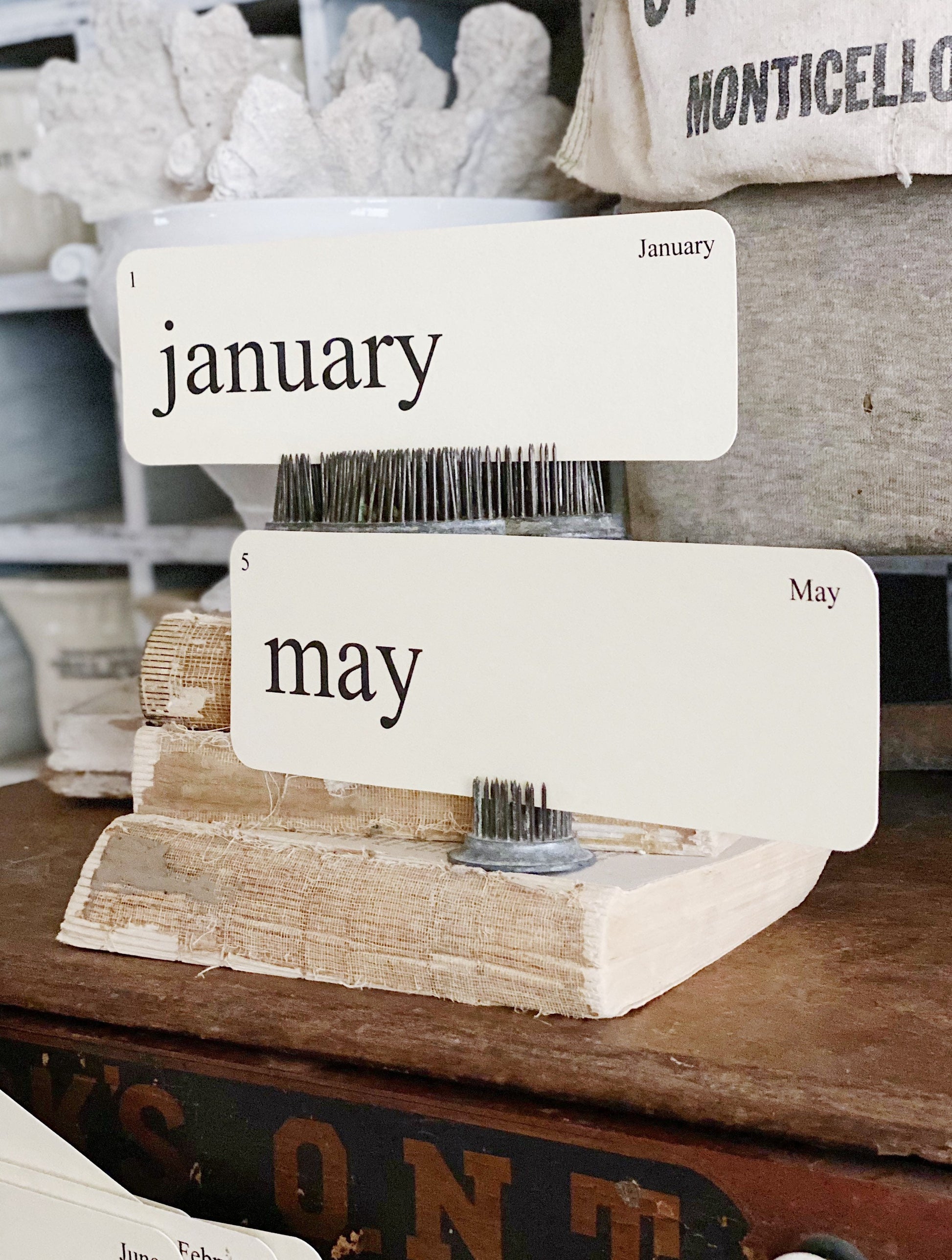 MONTHS Flash Cards LARGE Vintage Inspired Word Flashcard SET of 12 Farmhouse Decor Cottage Party Favor Banner