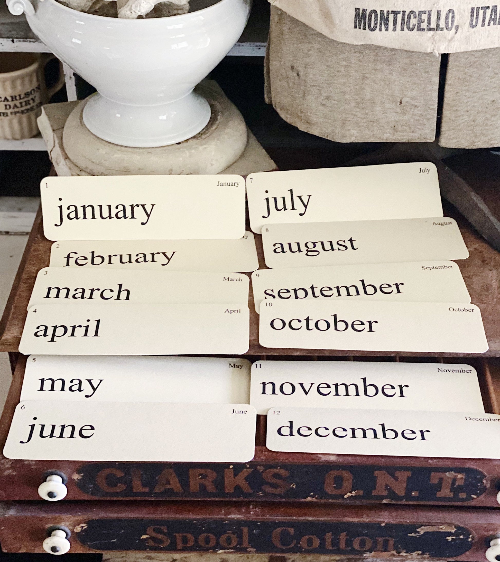 MONTHS Flash Cards LARGE Vintage Inspired Word Flashcard SET of 12 Farmhouse Decor Cottage Party Favor Banner