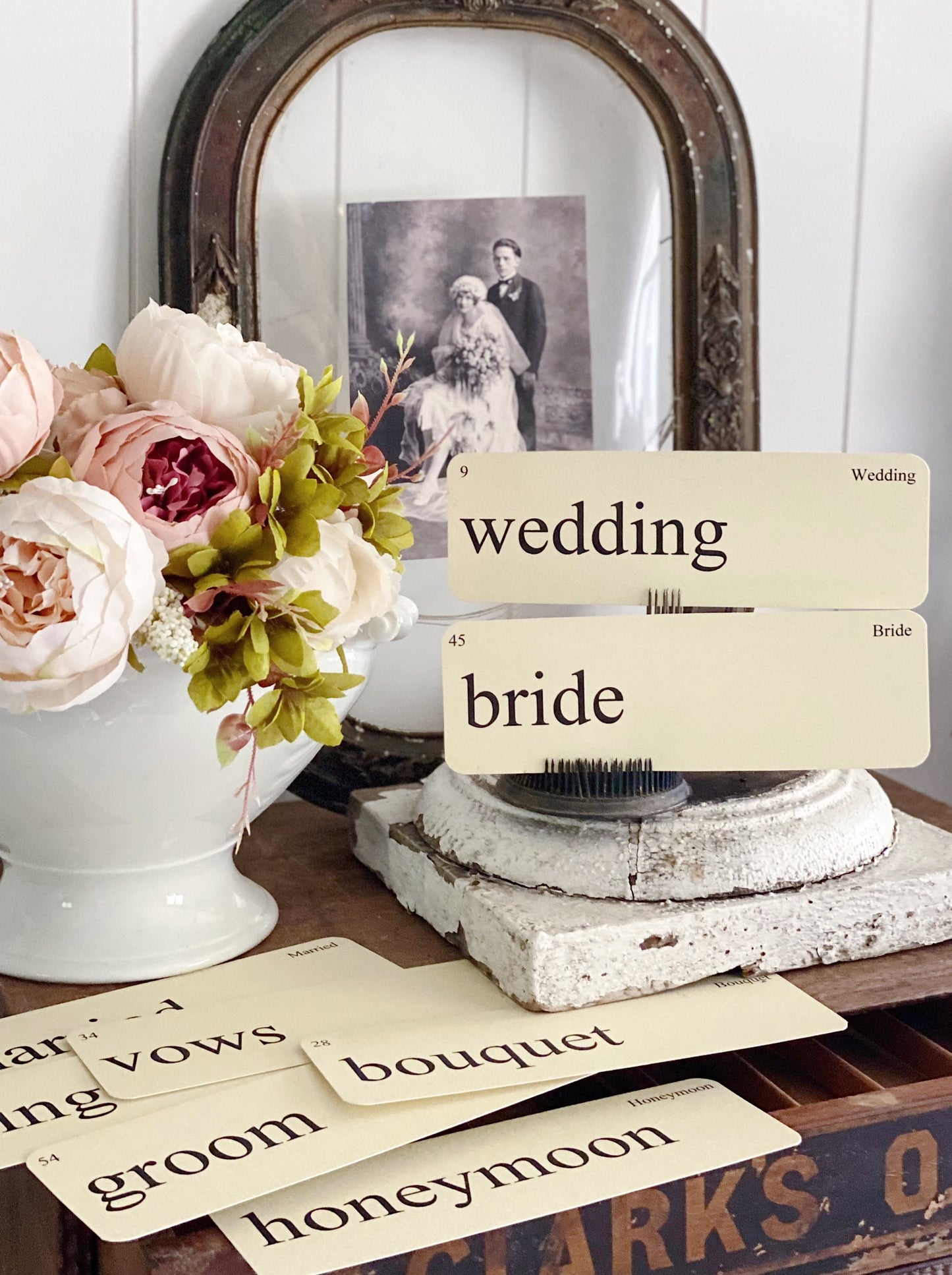 WEDDING Flash Cards LARGE Vintage Inspired Word Flashcard SET Of 8 Farmhouse Decor Party Favor Banner Bridal Shower Marriage