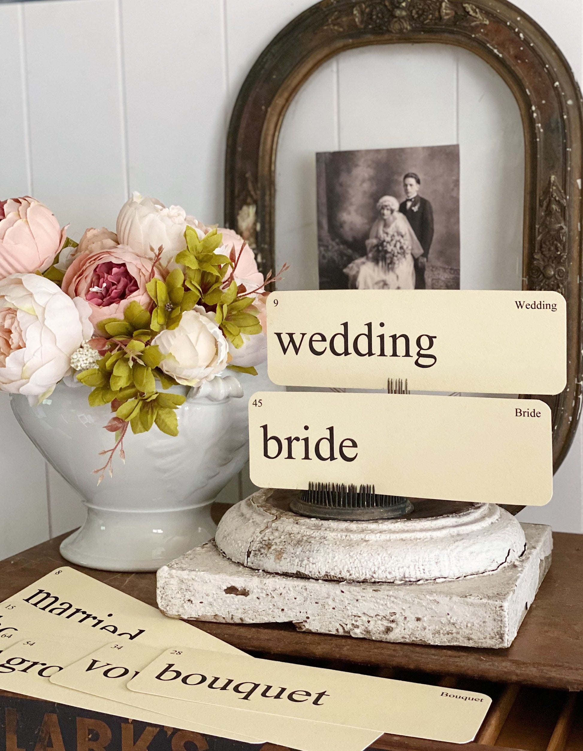 WEDDING Flash Cards LARGE Vintage Inspired Word Flashcard SET Of 8 Farmhouse Decor Party Favor Banner Bridal Shower Marriage