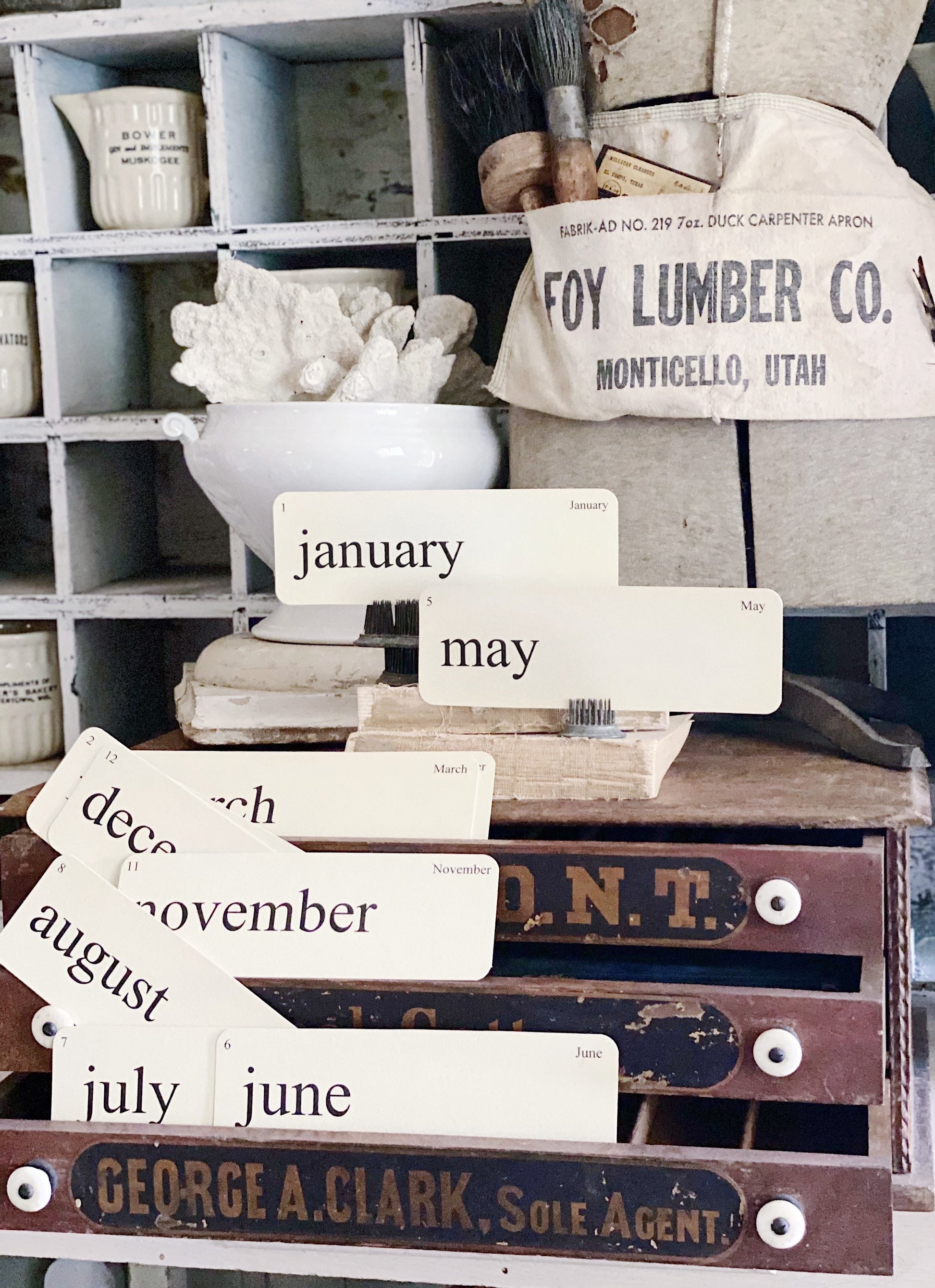 MONTHS Flash Cards LARGE Vintage Inspired Word Flashcard SET of 12 Farmhouse Decor Cottage Party Favor Banner