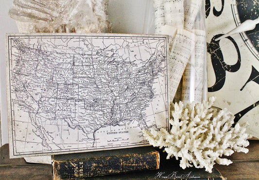 Vintage UNITED STATES MAP Poster Wood Sign Mounted Print Farmhouse Book School Page Wall Art Print Primitive Homeschool Patriotic Americana