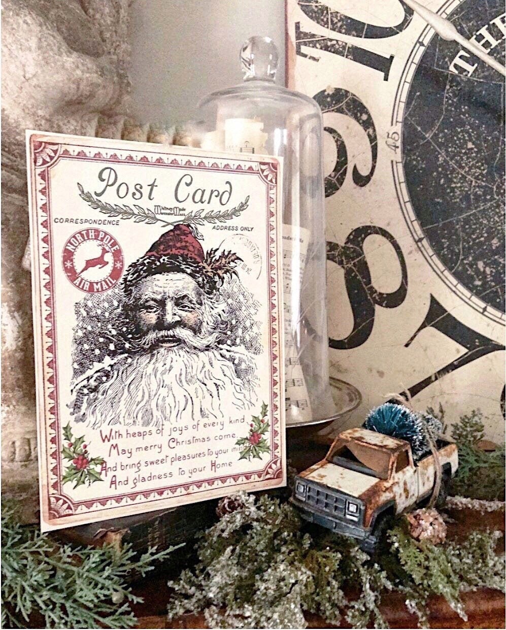 Vintage Santa Christmas Wood Sign Red Farmhouse Christmas Decor Vintage Advertising Post Card Sign Wall Art Print St Nick