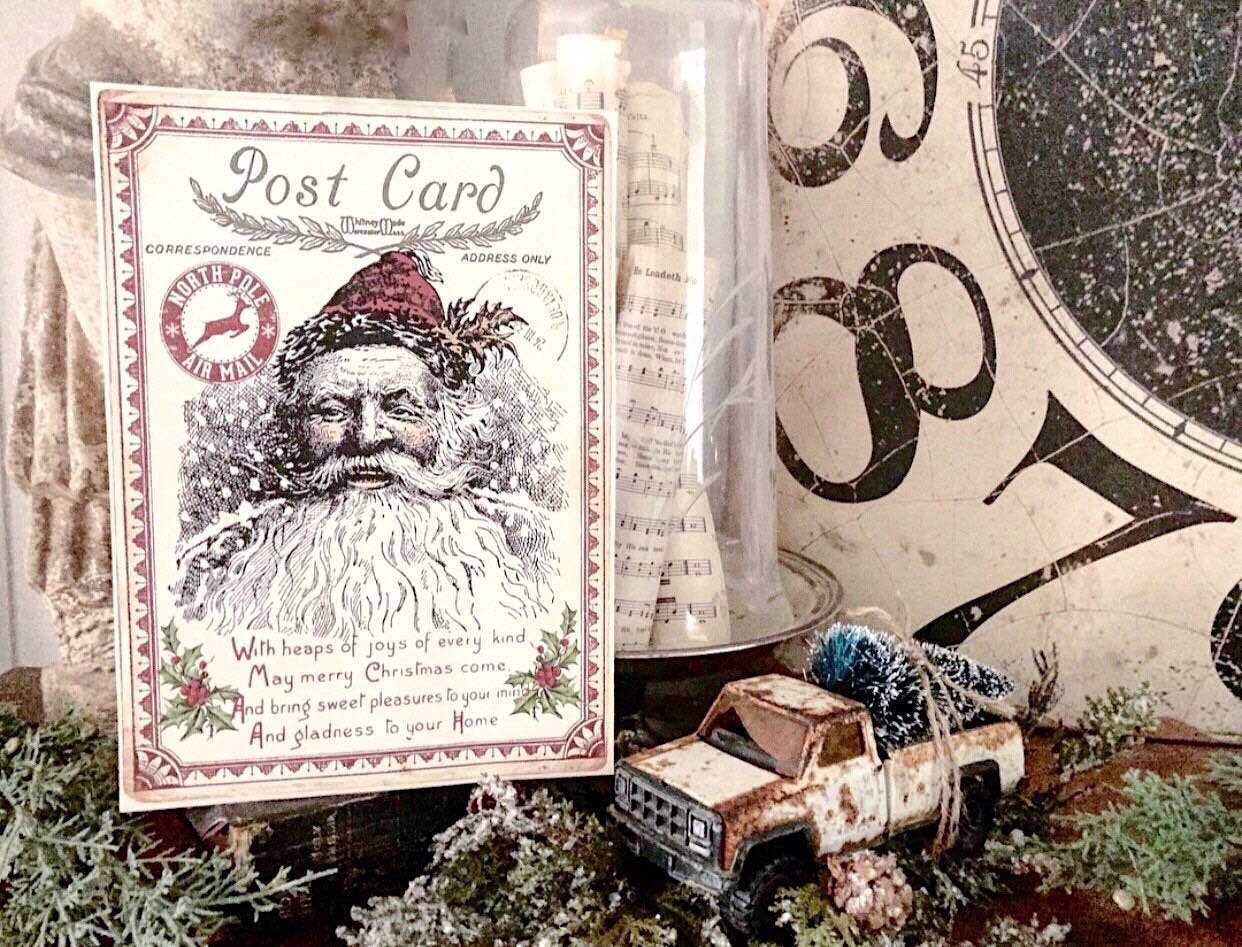 Vintage Santa Christmas Wood Sign Red Farmhouse Christmas Decor Vintage Advertising Post Card Sign Wall Art Print St Nick